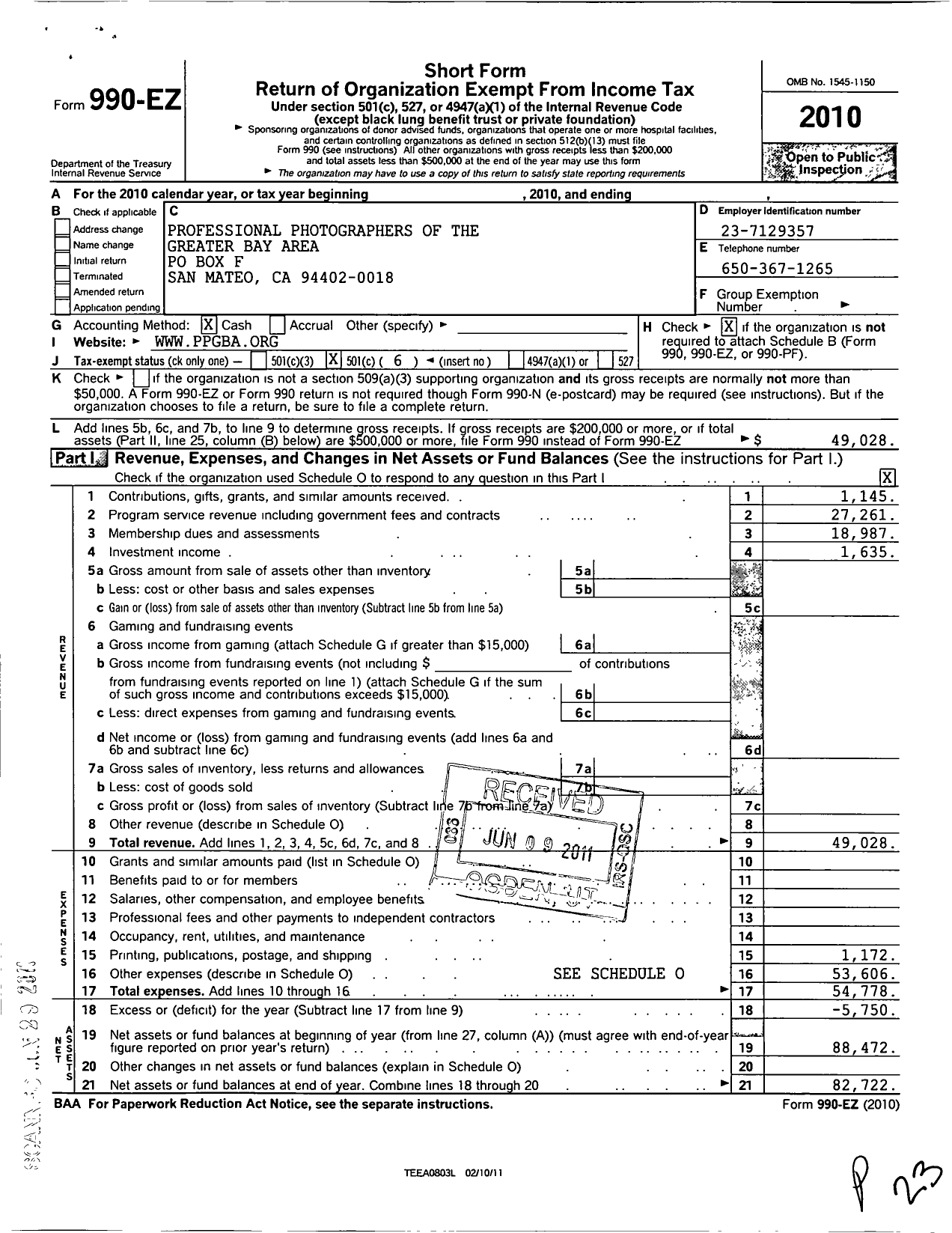 Image of first page of 2010 Form 990EO for Professional Photographers of the Greater Bay Area