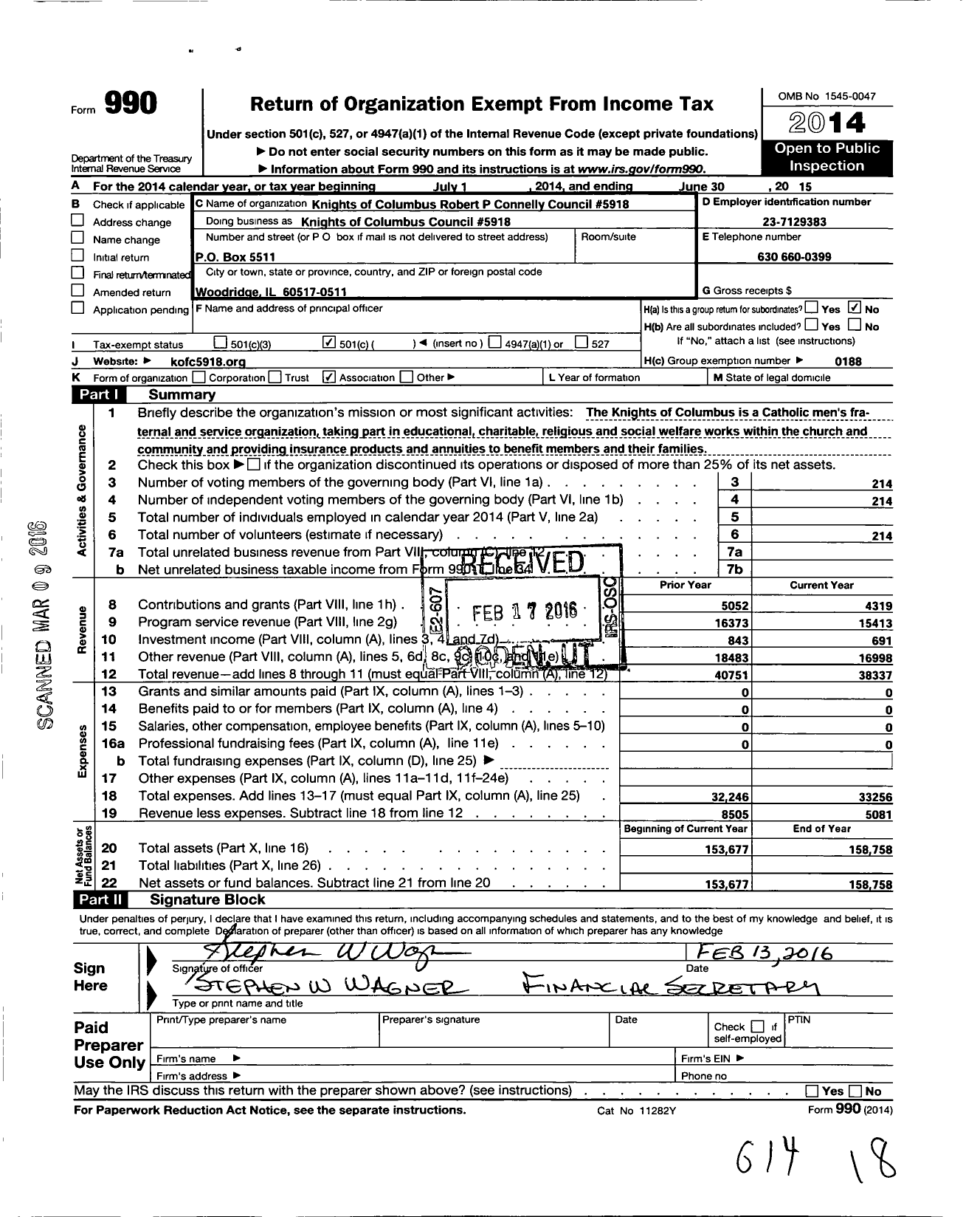 Image of first page of 2014 Form 990O for Knights of Columbus - K of C Council 5918