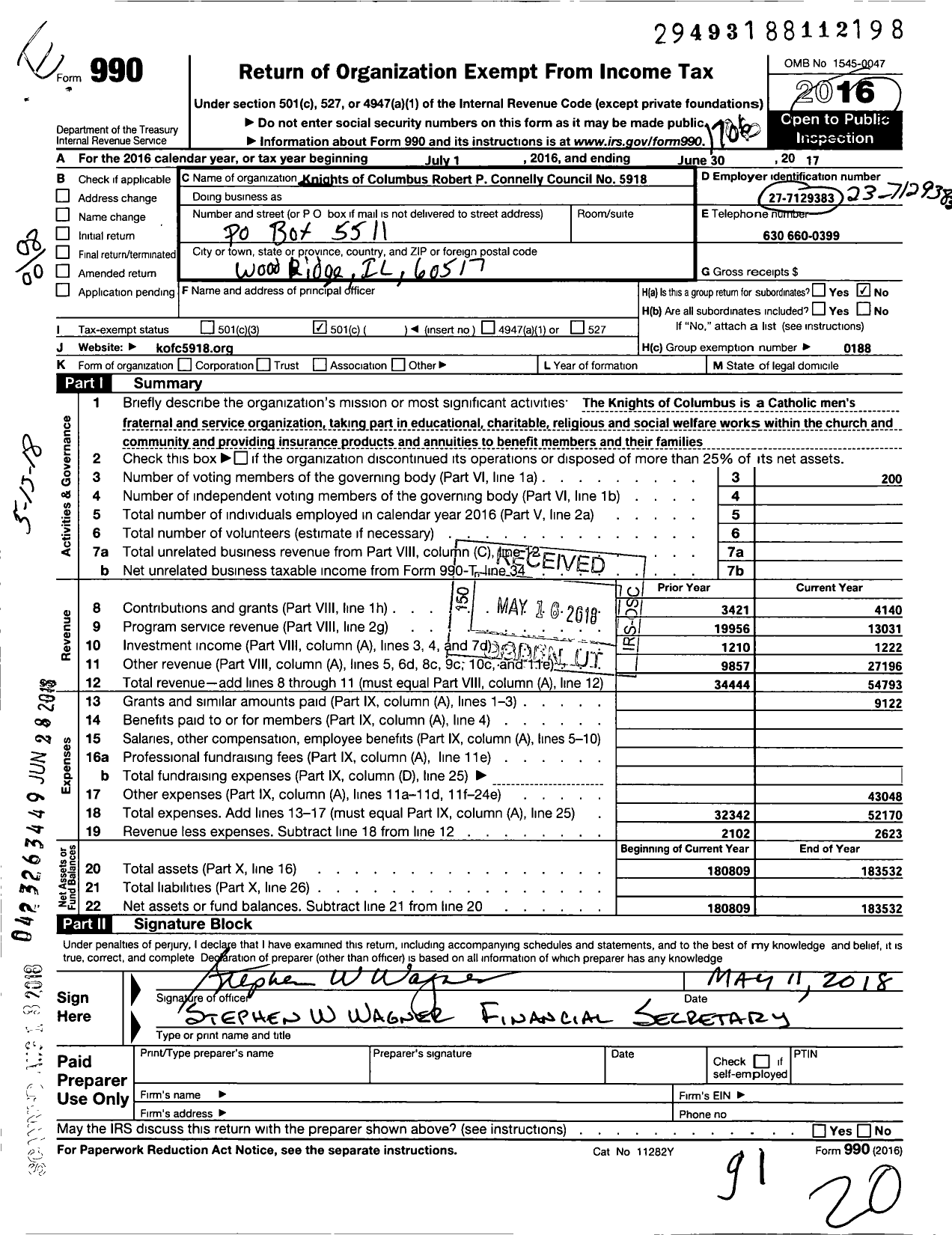 Image of first page of 2016 Form 990O for Knights of Columbus - K of C Council 5918