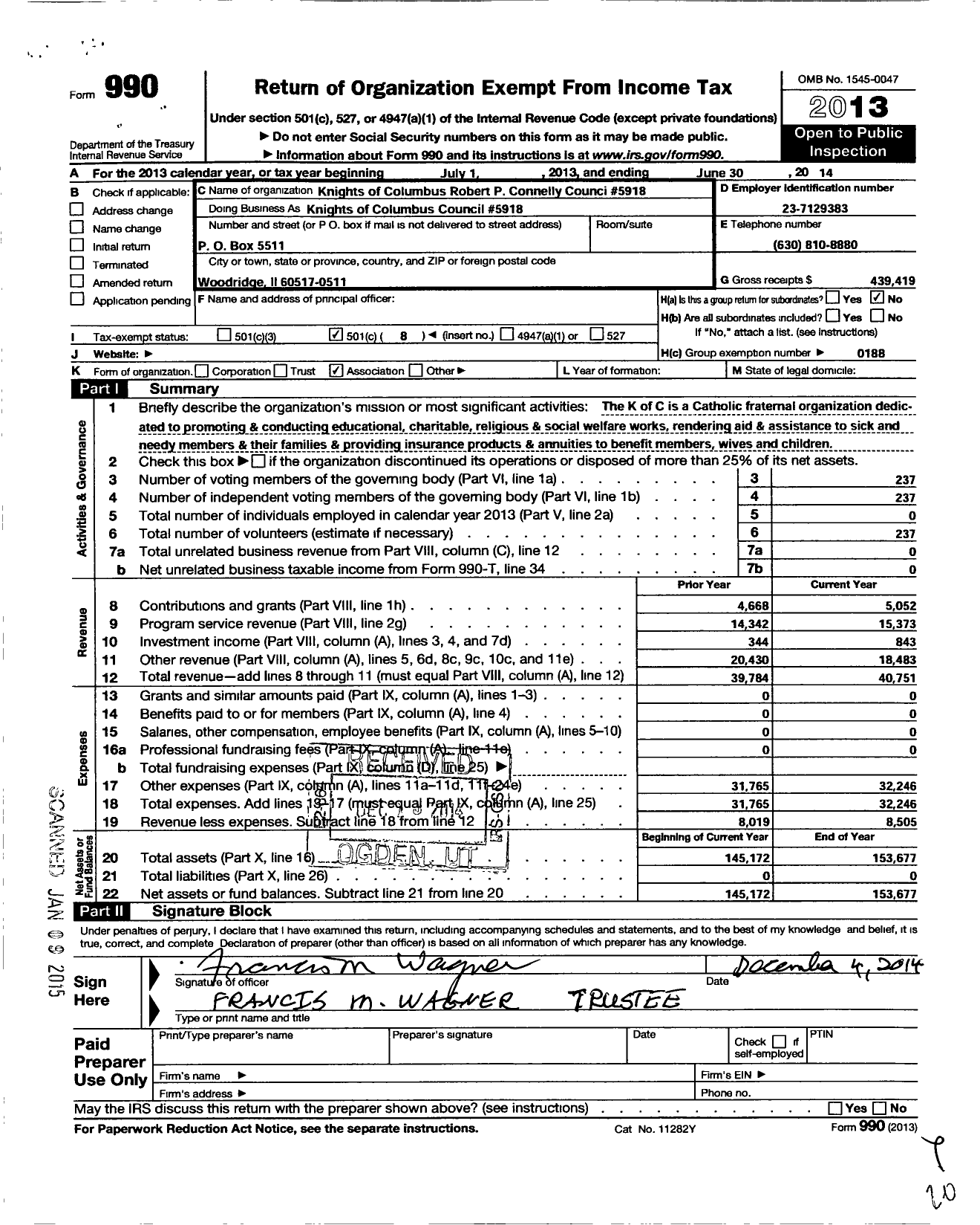 Image of first page of 2013 Form 990O for Knights of Columbus - K of C Council 5918