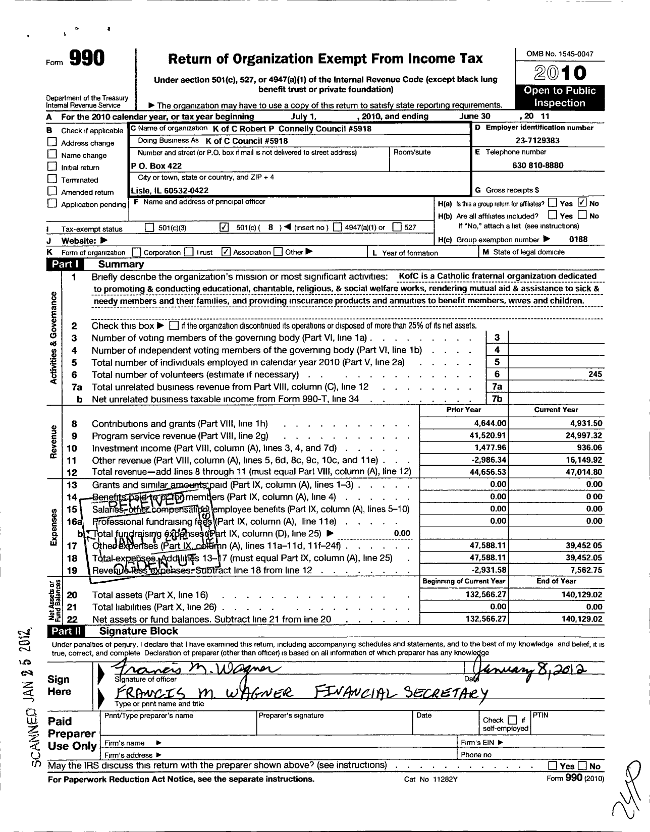 Image of first page of 2010 Form 990O for Knights of Columbus - K of C Council 5918