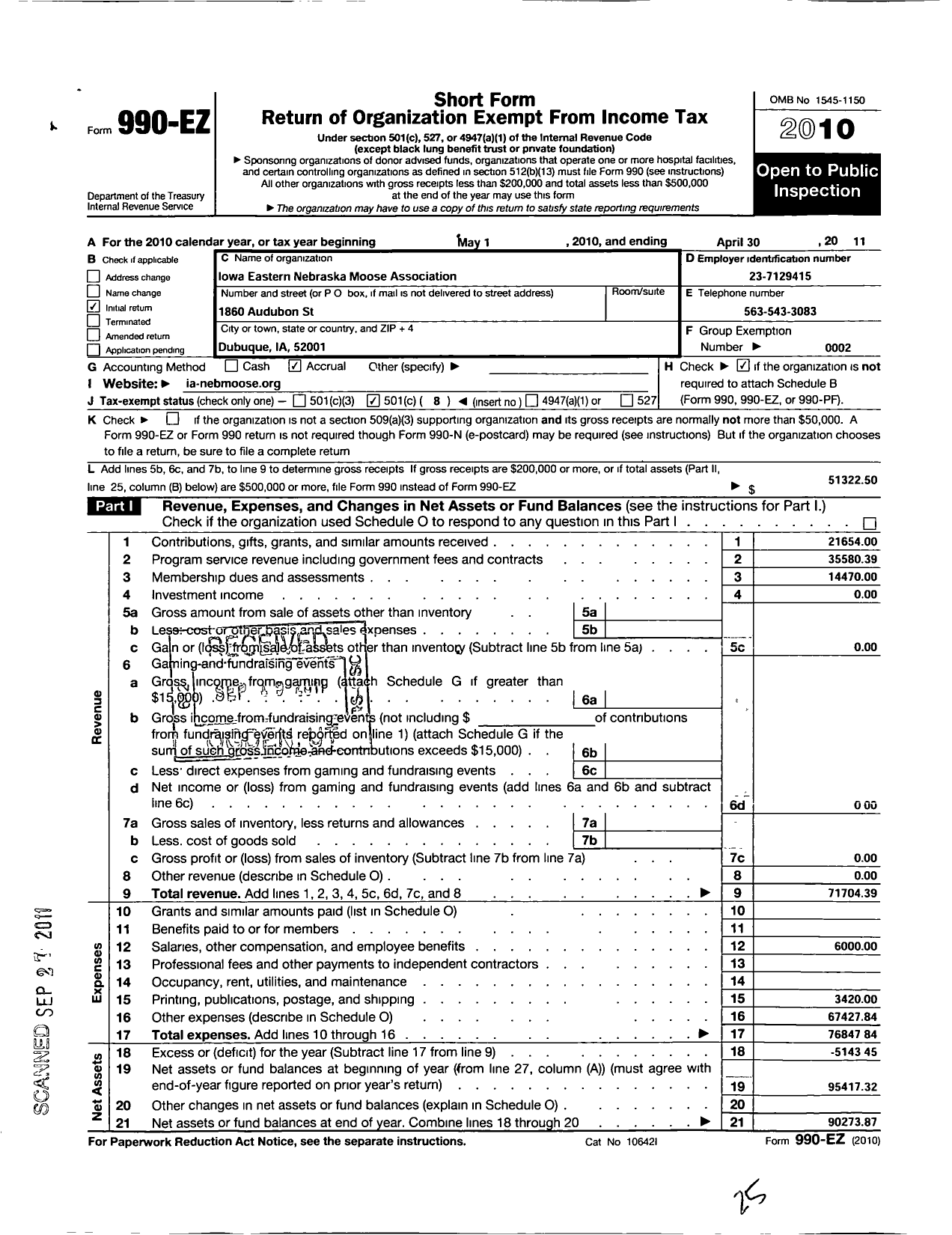 Image of first page of 2010 Form 990EO for Iowa-Eastern Nebraska Moose Association Iation