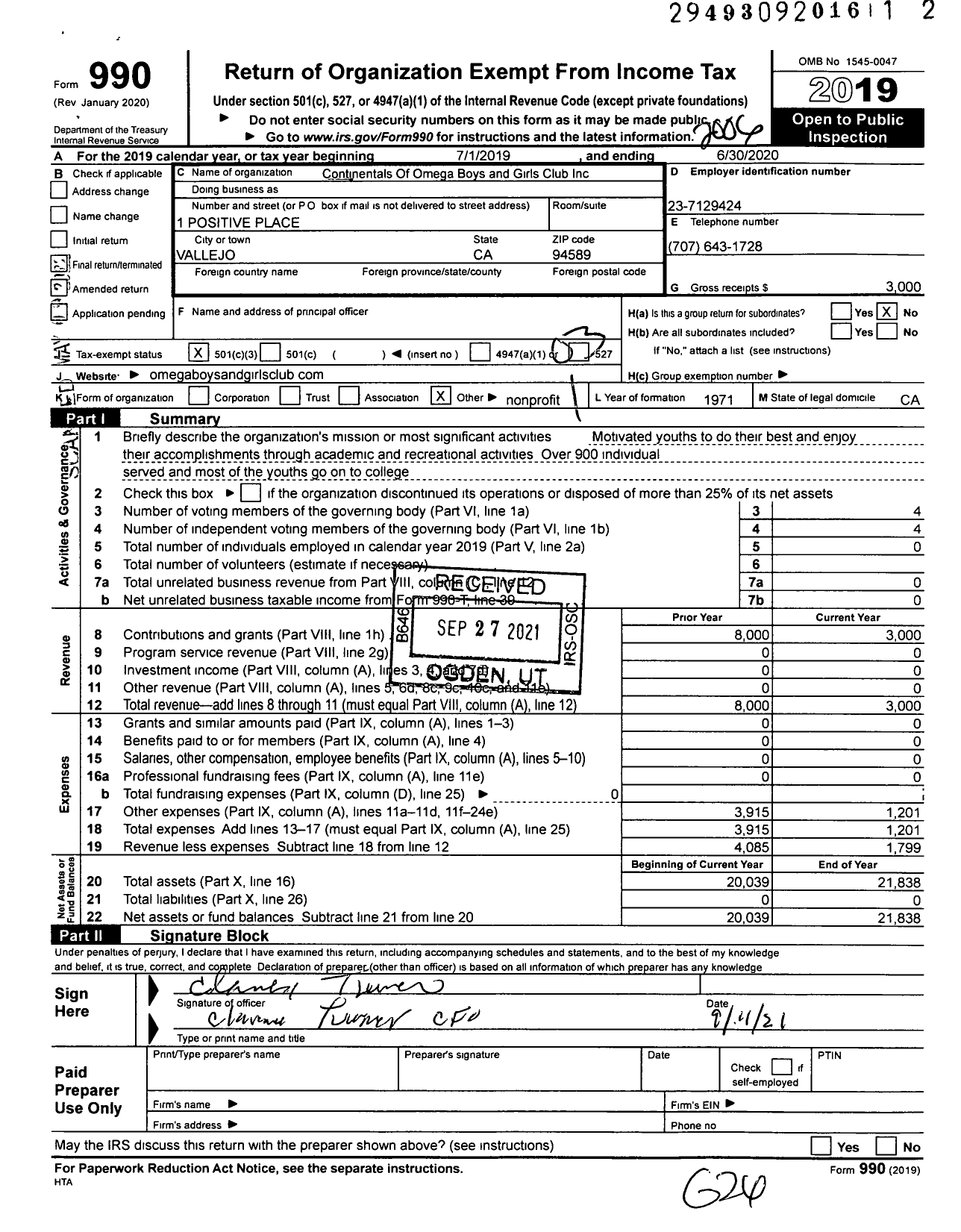 Image of first page of 2019 Form 990 for Continentals of Omega Boys and Girls Club