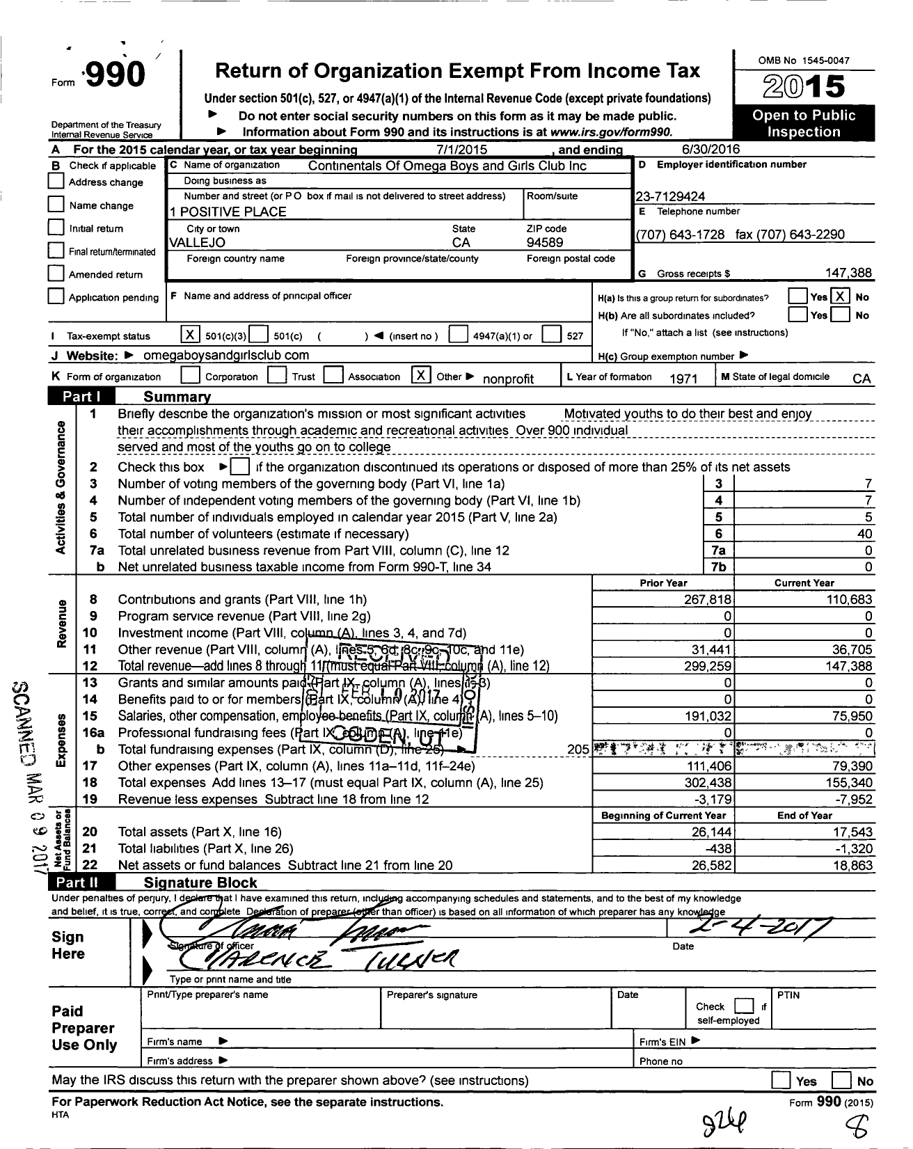 Image of first page of 2015 Form 990 for Continentals of Omega Boys and Girls Club