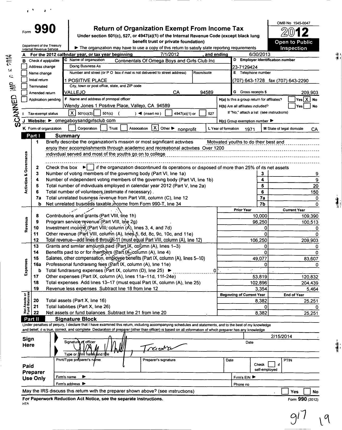 Image of first page of 2012 Form 990 for Continentals of Omega Boys and Girls Club