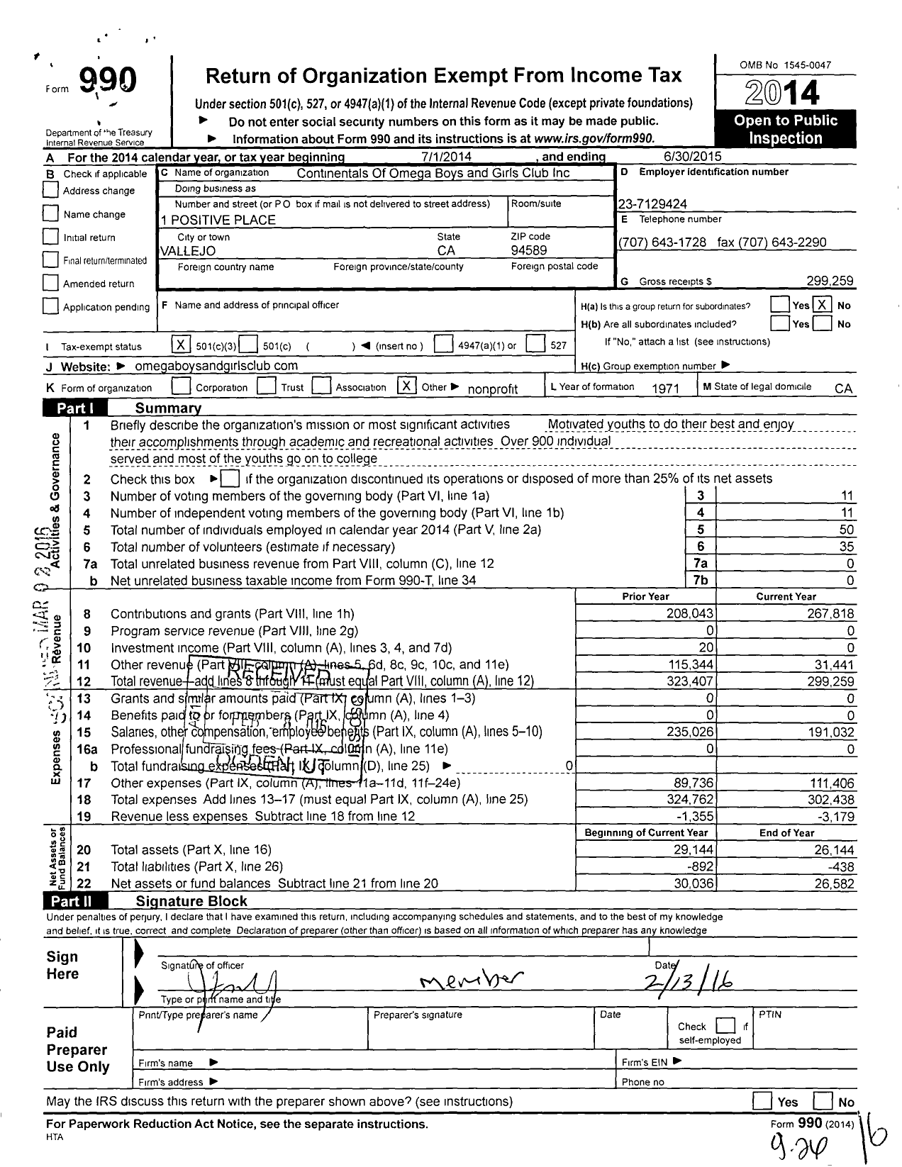 Image of first page of 2014 Form 990 for Continentals of Omega Boys and Girls Club