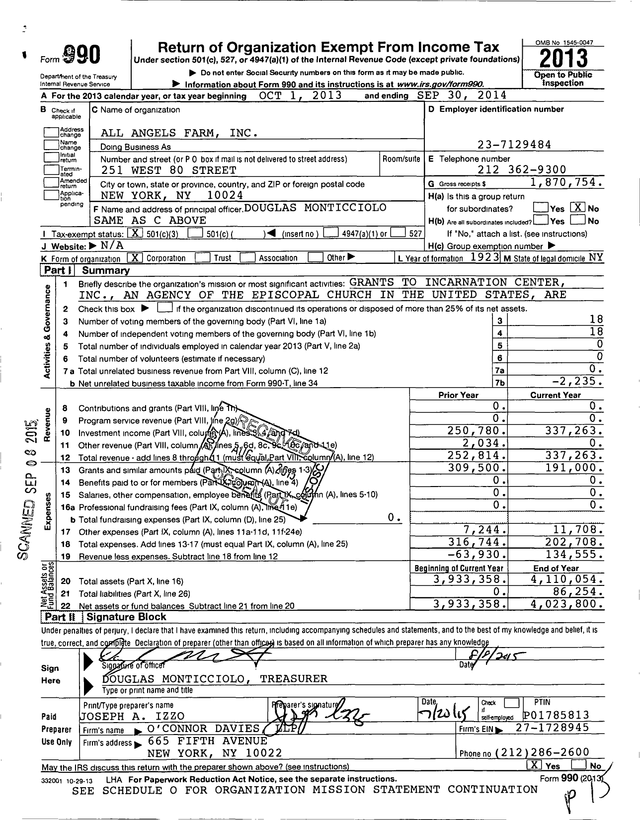 Image of first page of 2013 Form 990 for All Angels Farm