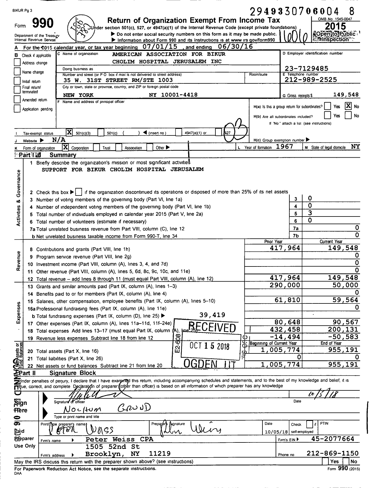 Image of first page of 2015 Form 990 for American Association for Bikur Cholim Hospital Jerusalem