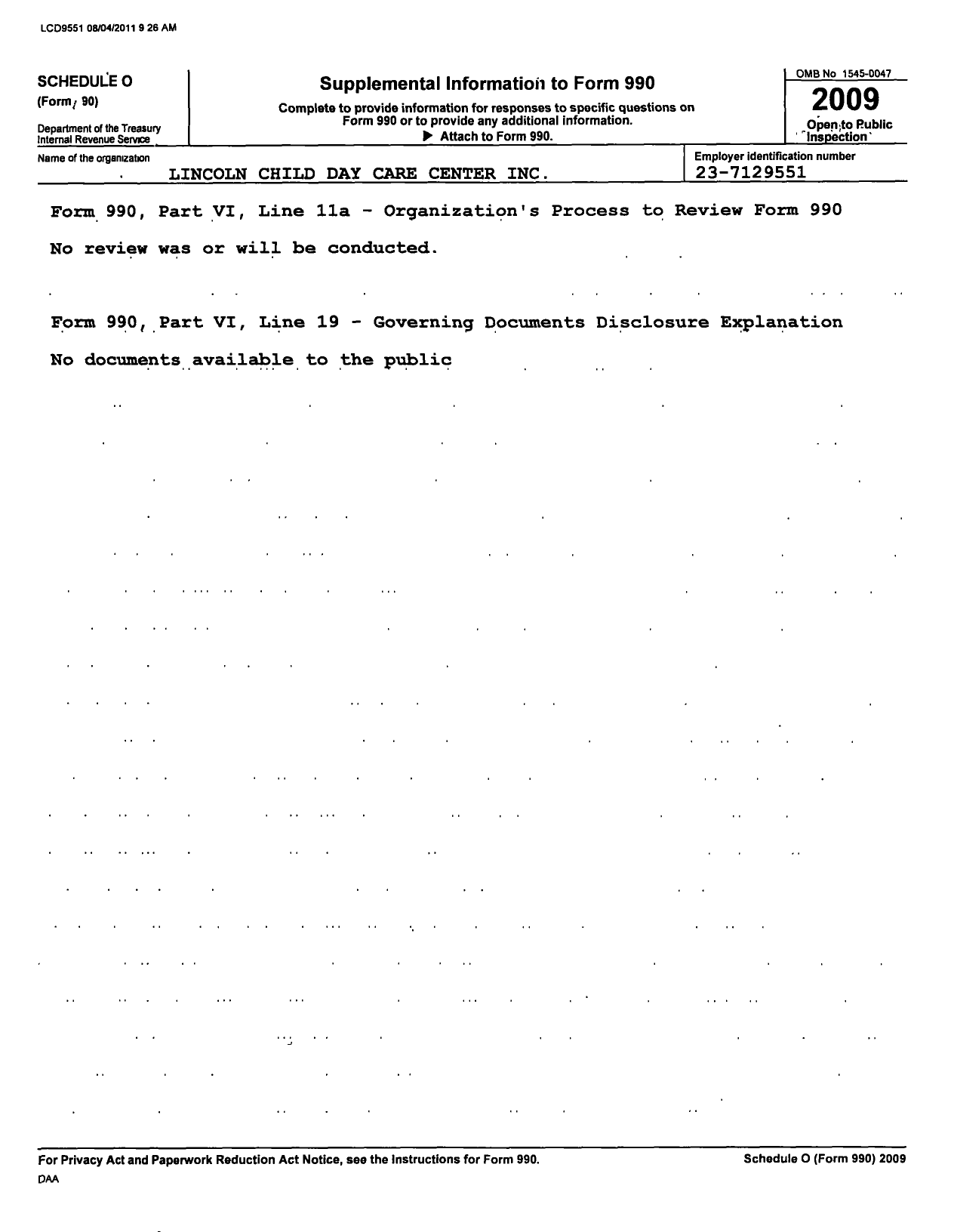 Image of first page of 2009 Form 990R for Lincoln Child Day Care Center