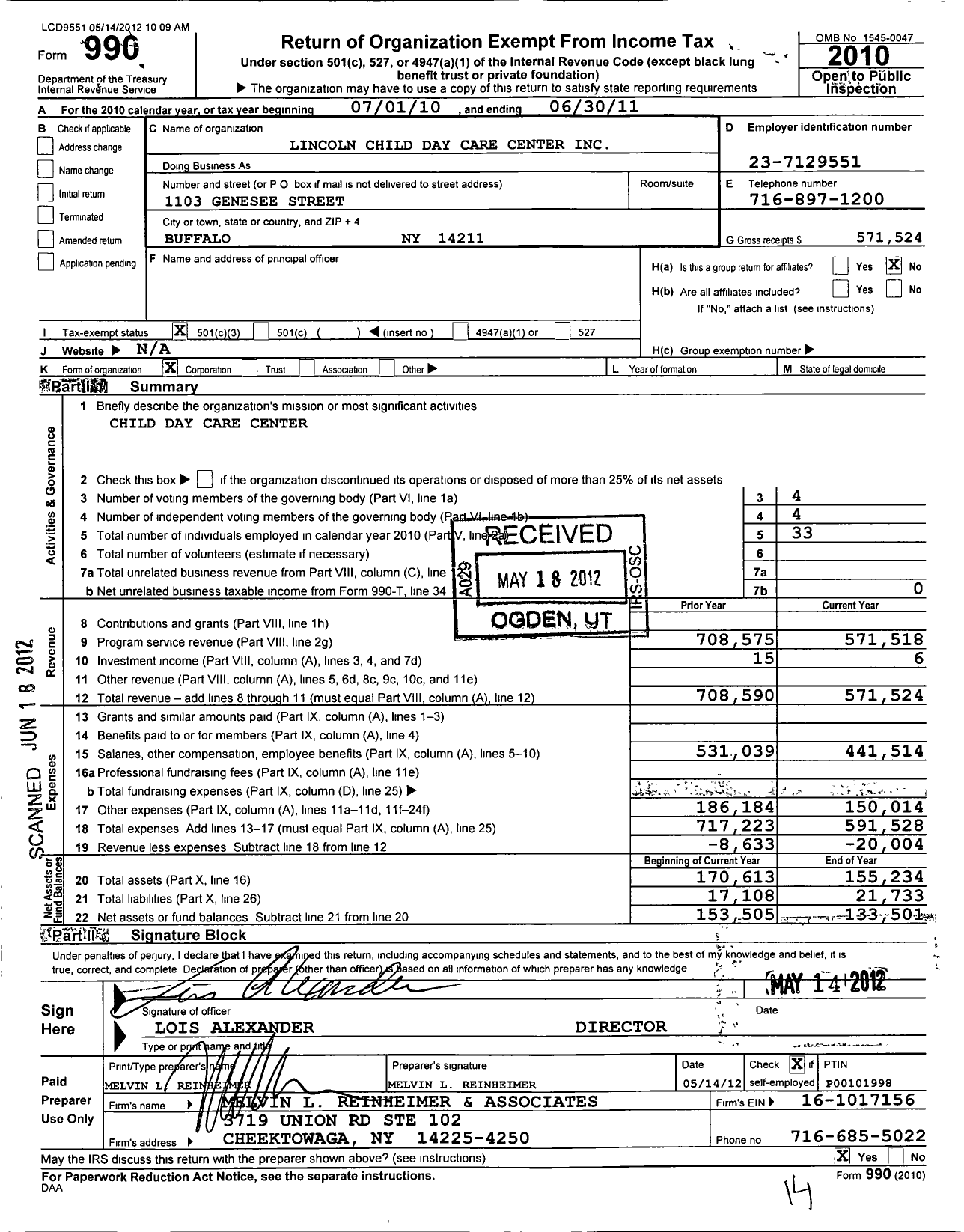 Image of first page of 2010 Form 990 for Lincoln Child Day Care Center