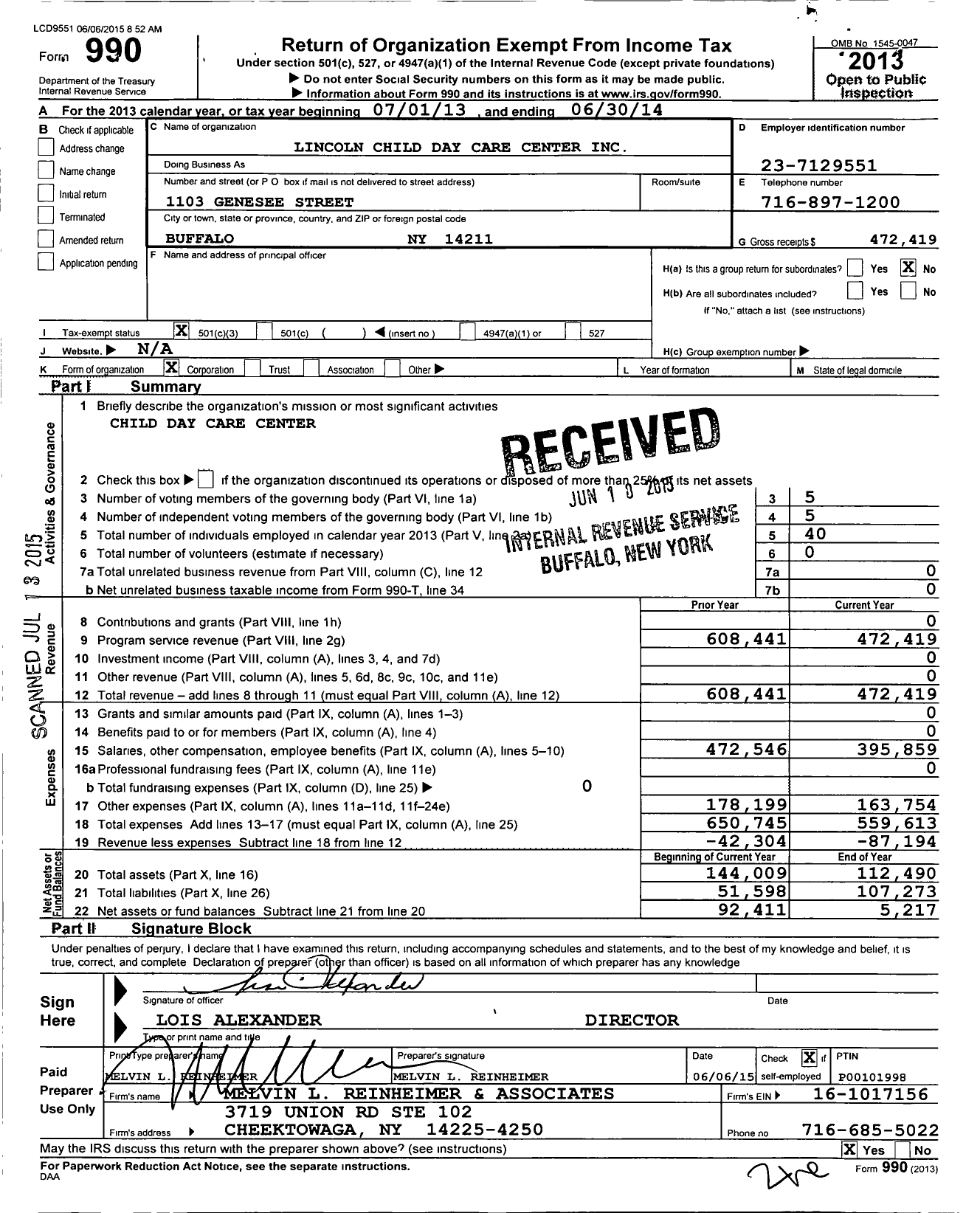 Image of first page of 2013 Form 990 for Lincoln Child Day Care Center