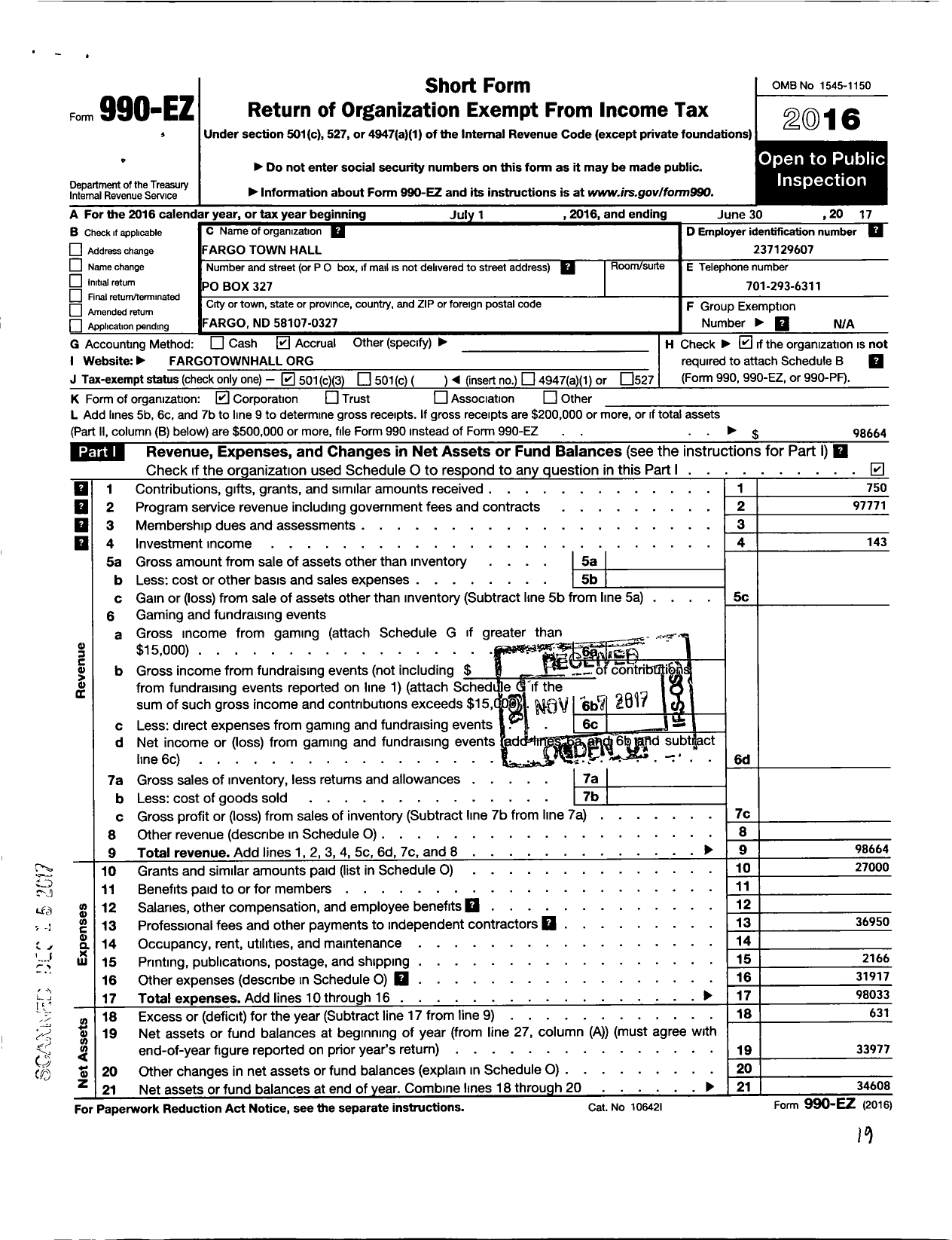 Image of first page of 2016 Form 990EZ for Fargo Town Hall