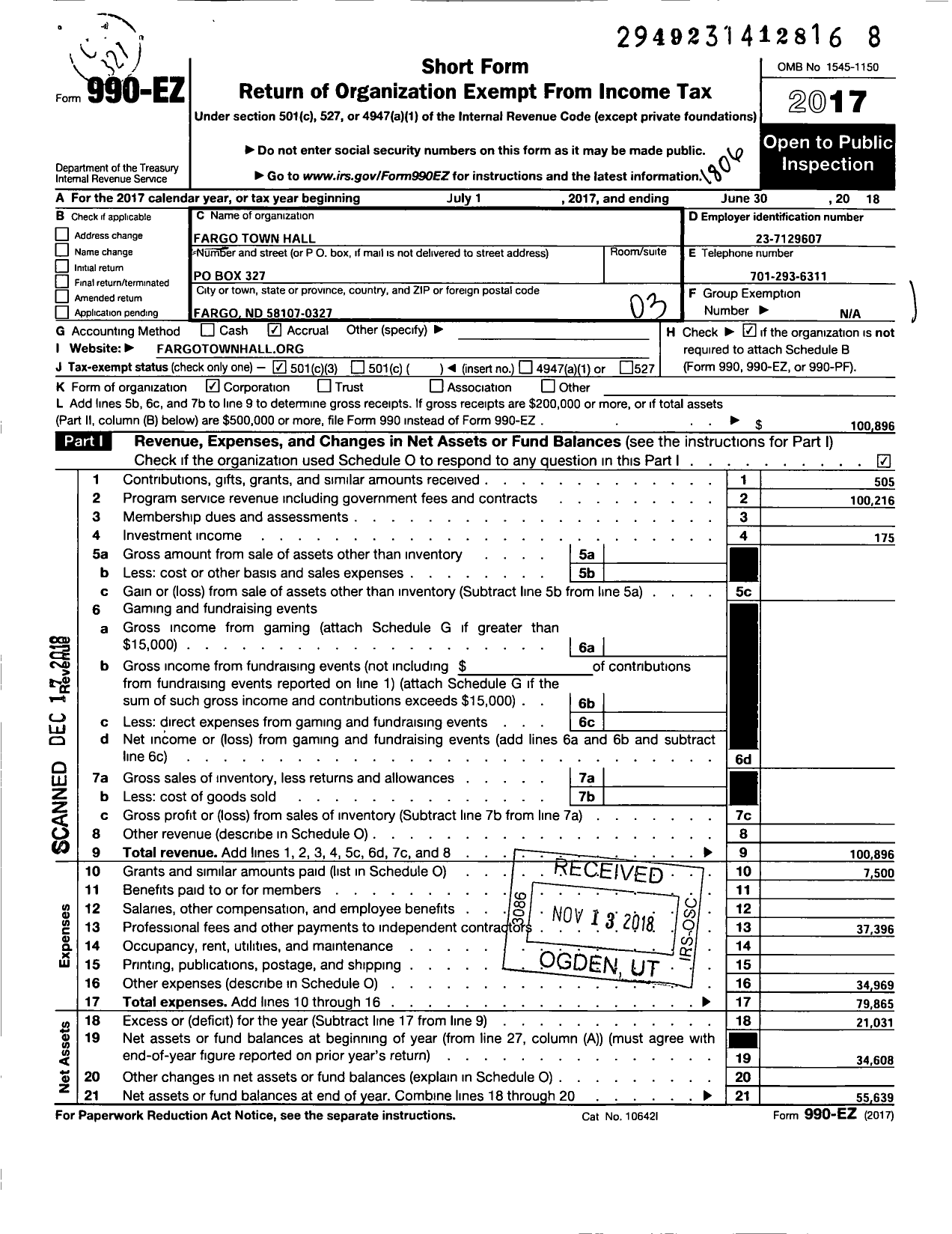 Image of first page of 2017 Form 990EZ for Fargo Town Hall