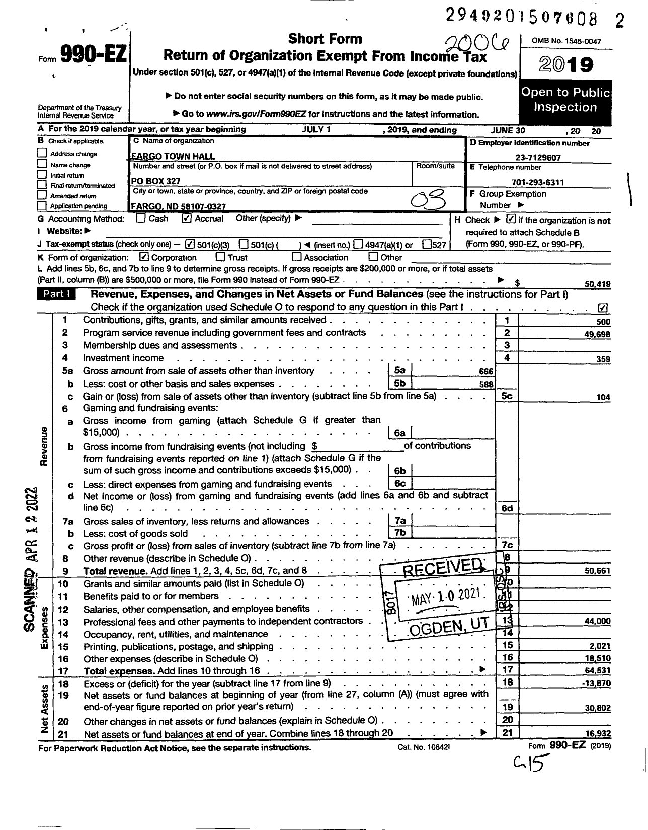 Image of first page of 2019 Form 990EZ for Fargo Town Hall