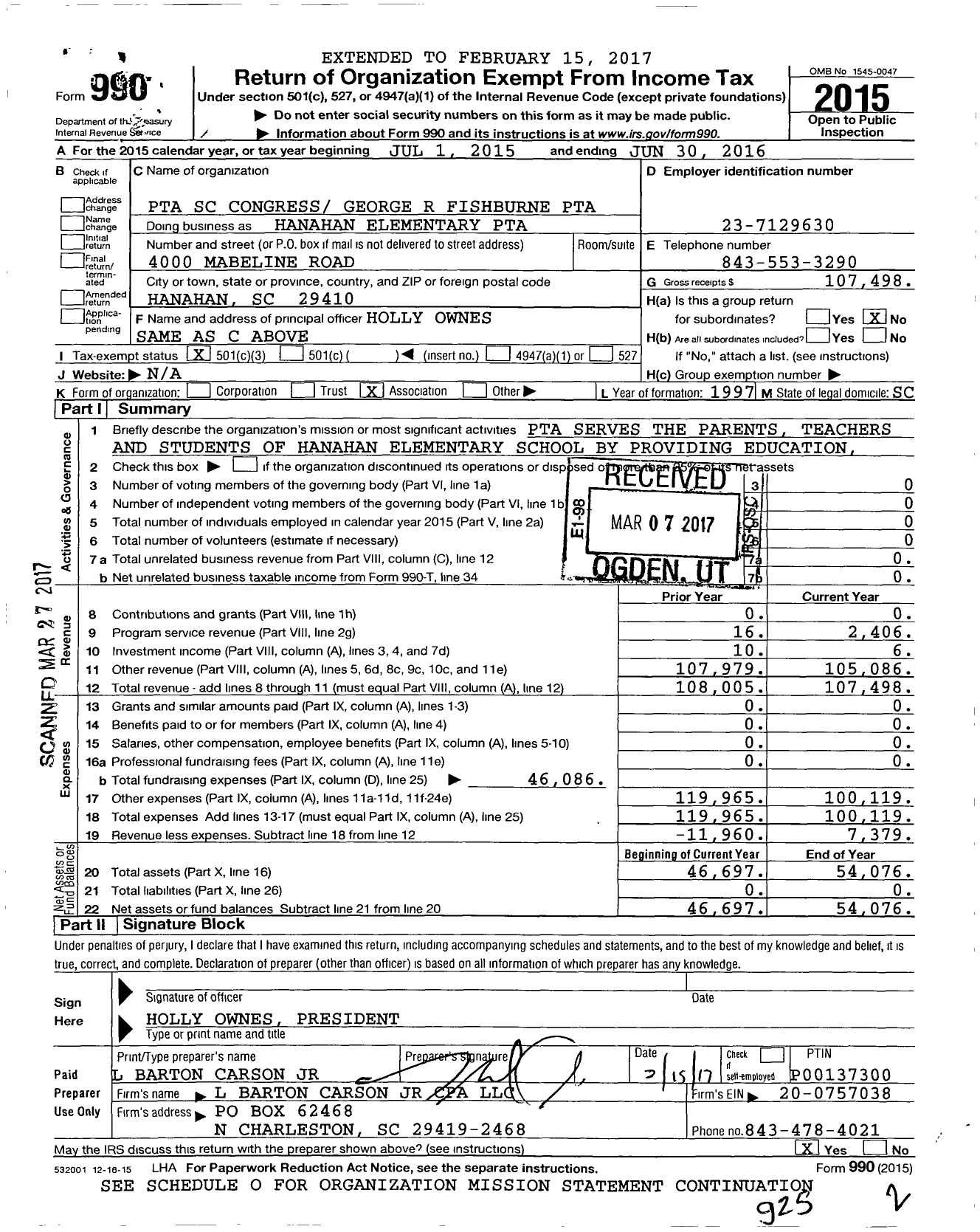 Image of first page of 2015 Form 990 for PTA SC Congress George R Fishburne PTA