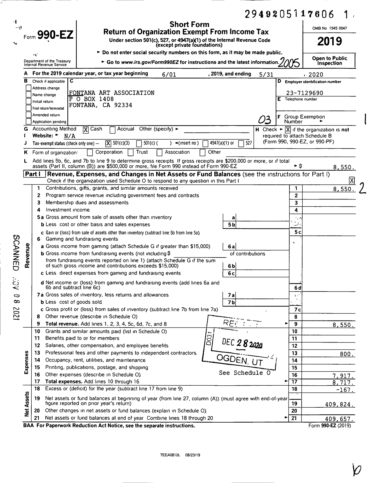 Image of first page of 2019 Form 990EZ for Fontana Art Association