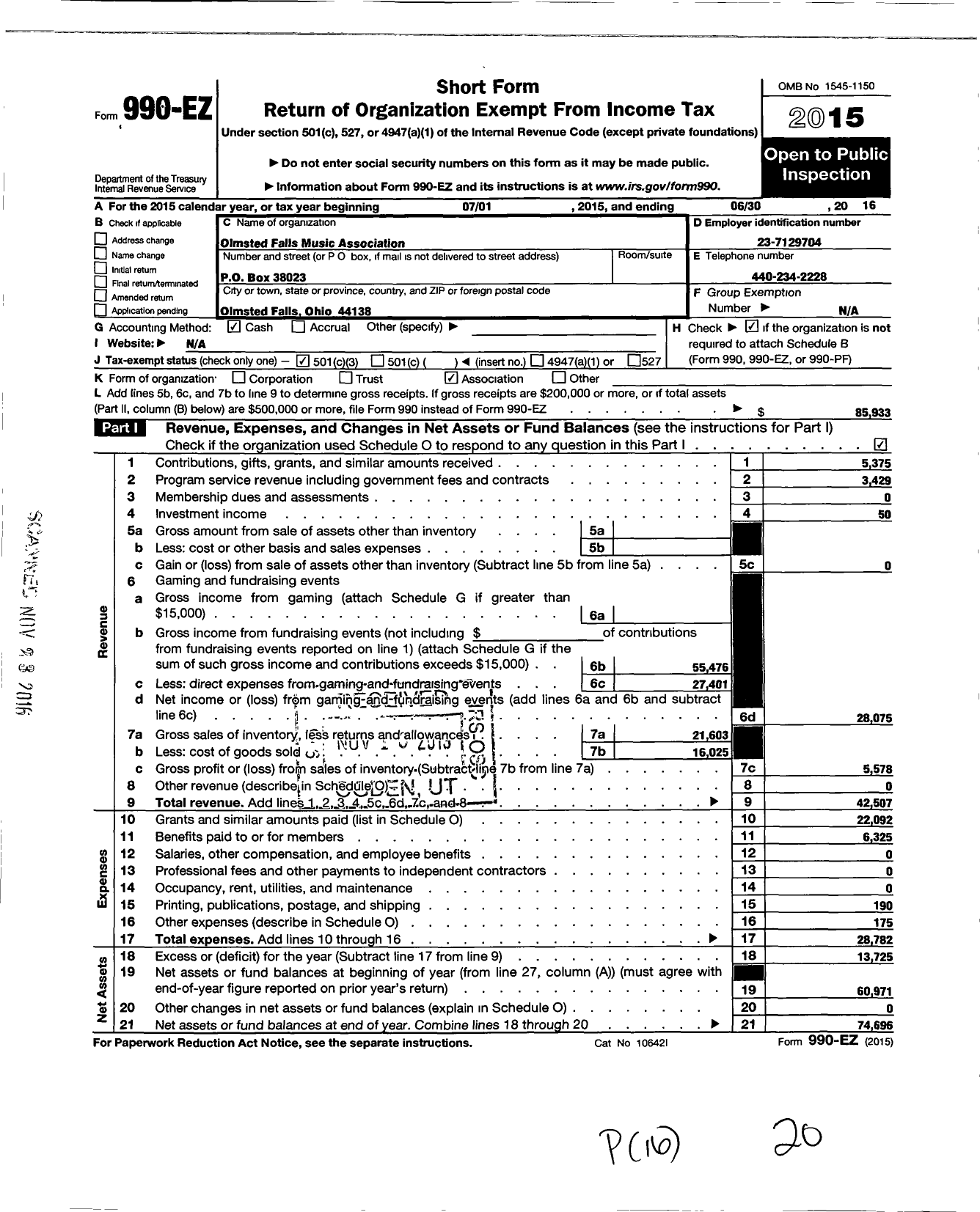 Image of first page of 2015 Form 990EZ for Olmsted Falls Music Association