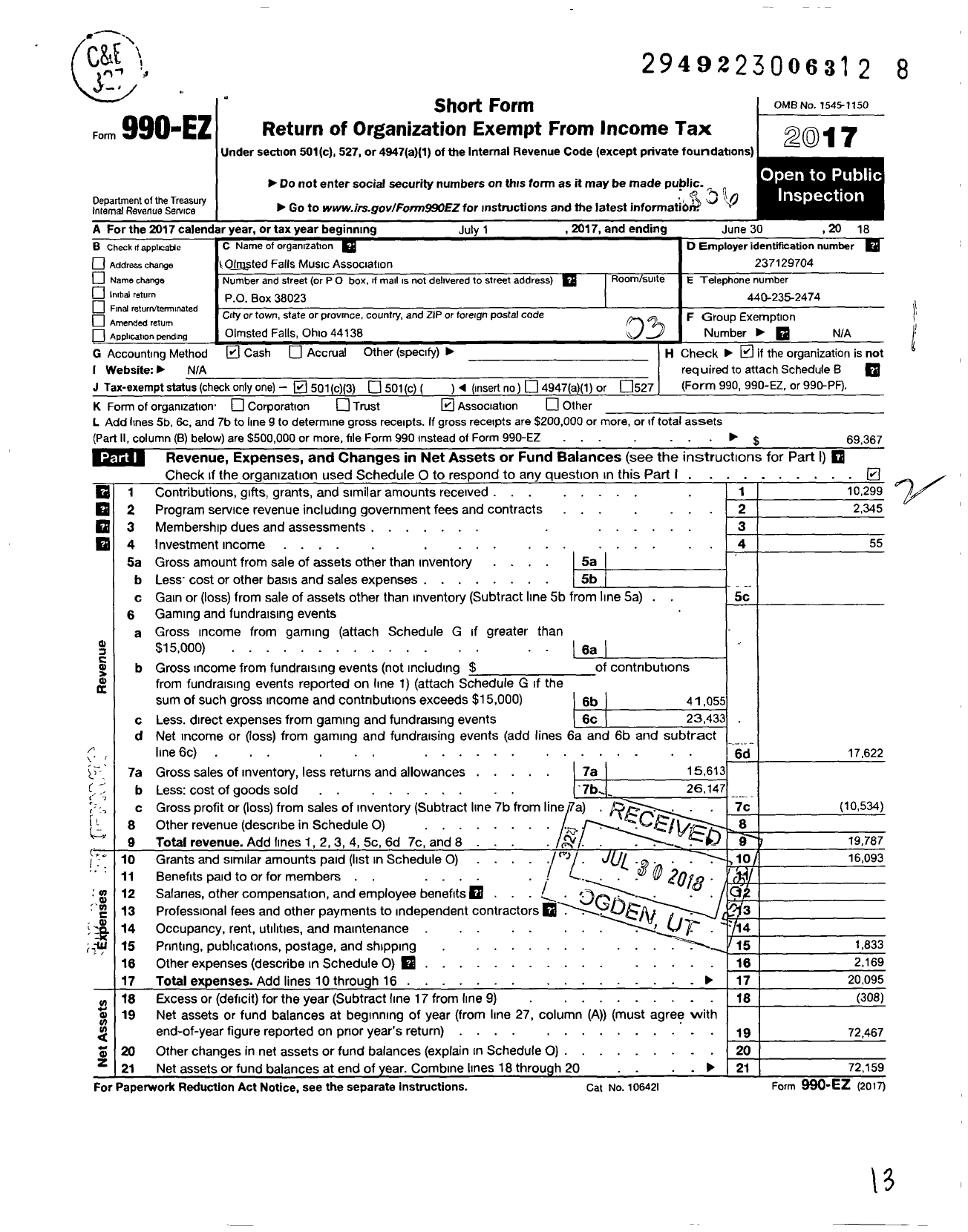 Image of first page of 2017 Form 990EZ for Olmsted Falls Music Association