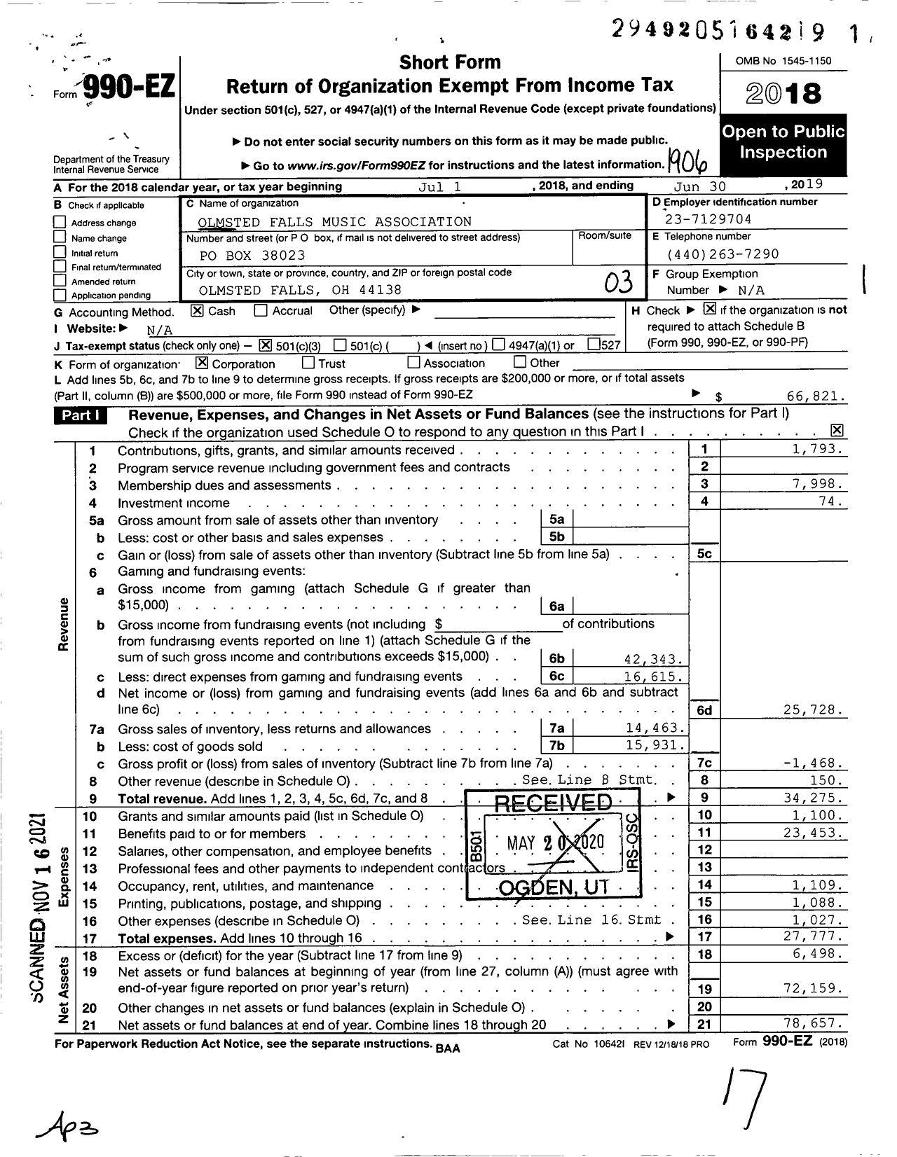 Image of first page of 2018 Form 990EZ for Olmsted Falls Music Association