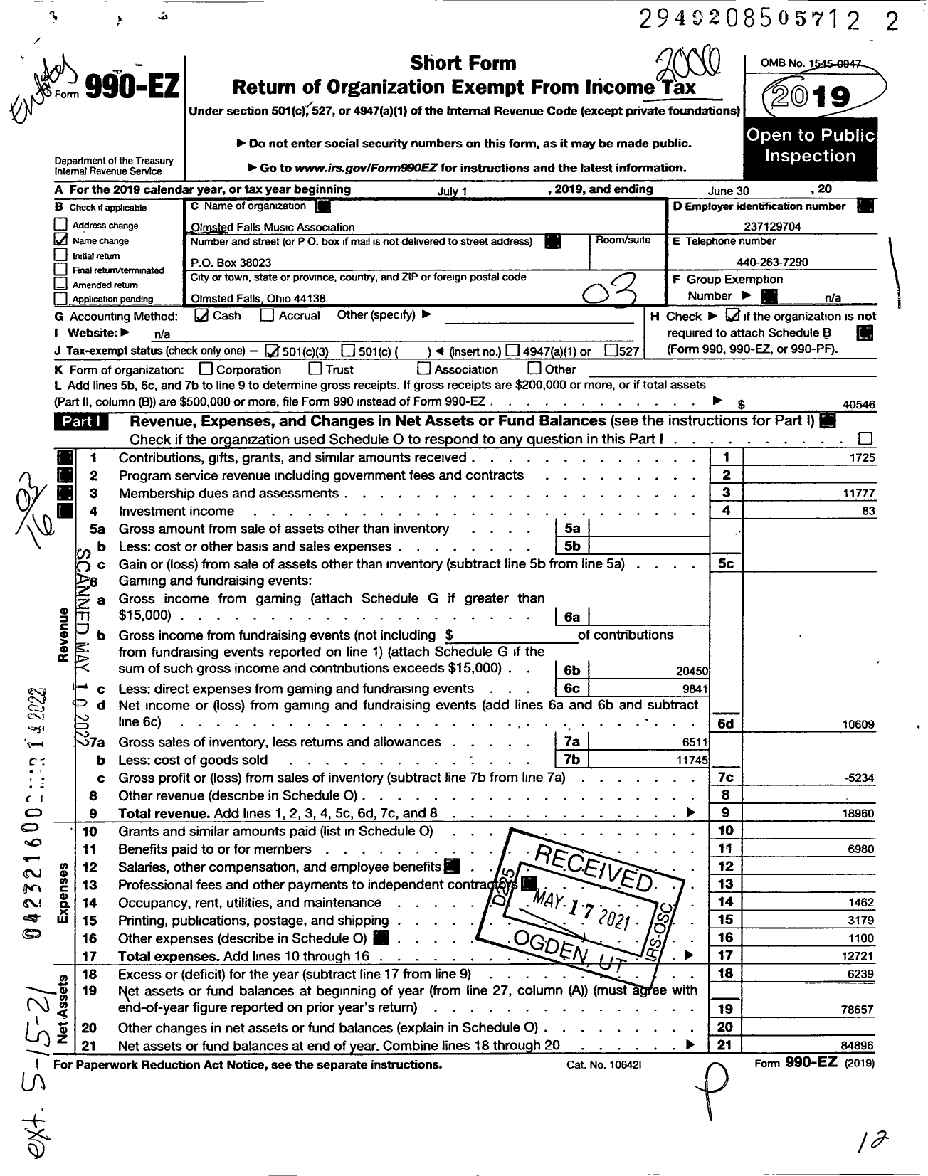 Image of first page of 2019 Form 990EZ for Olmsted Falls Music Association