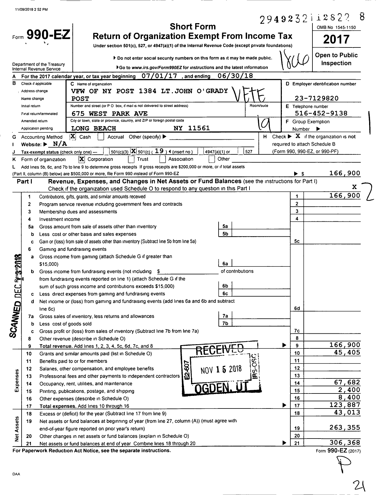 Image of first page of 2017 Form 990EO for Department of Ny VFW - 1384 LT John F Ogrady Post