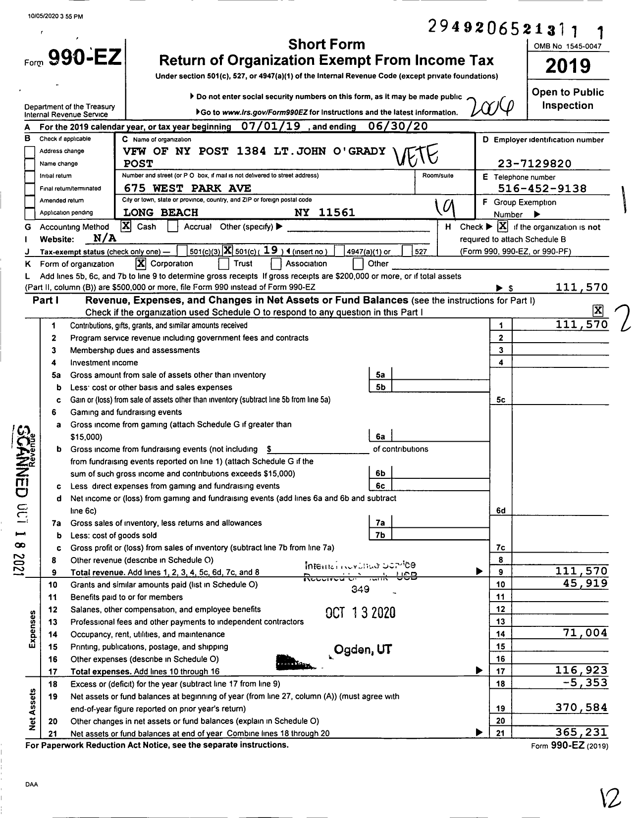 Image of first page of 2019 Form 990EO for Department of Ny VFW - 1384 LT John F Ogrady Post