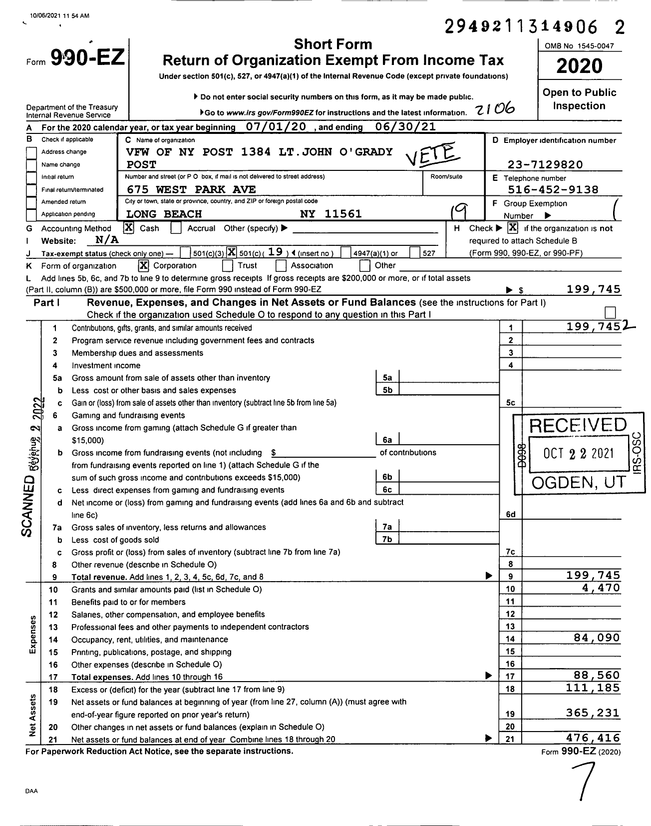 Image of first page of 2020 Form 990EO for Department of Ny VFW - 1384 LT John F Ogrady Post