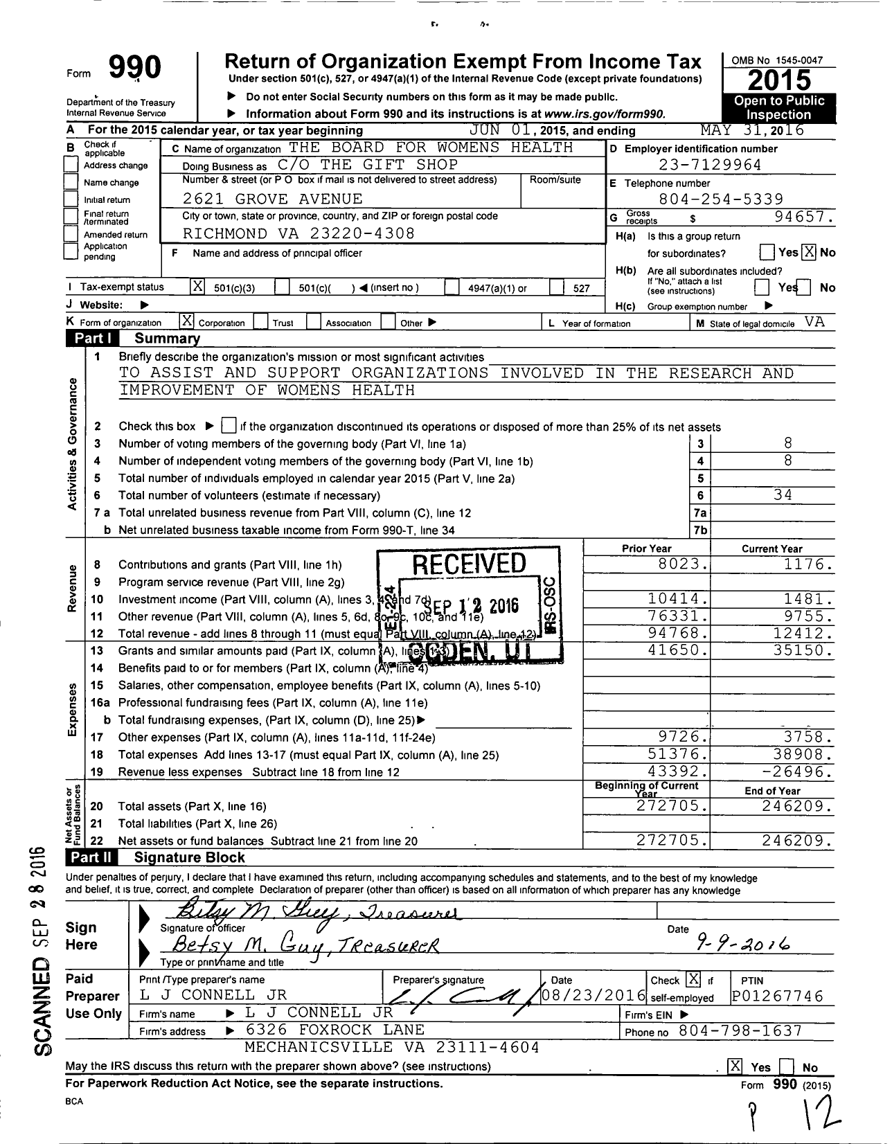 Image of first page of 2015 Form 990 for Board for Womens Health