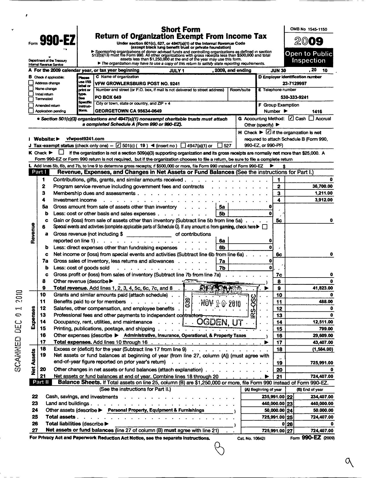 Image of first page of 2009 Form 990EO for VFW California Department - 9241 Growlersburg