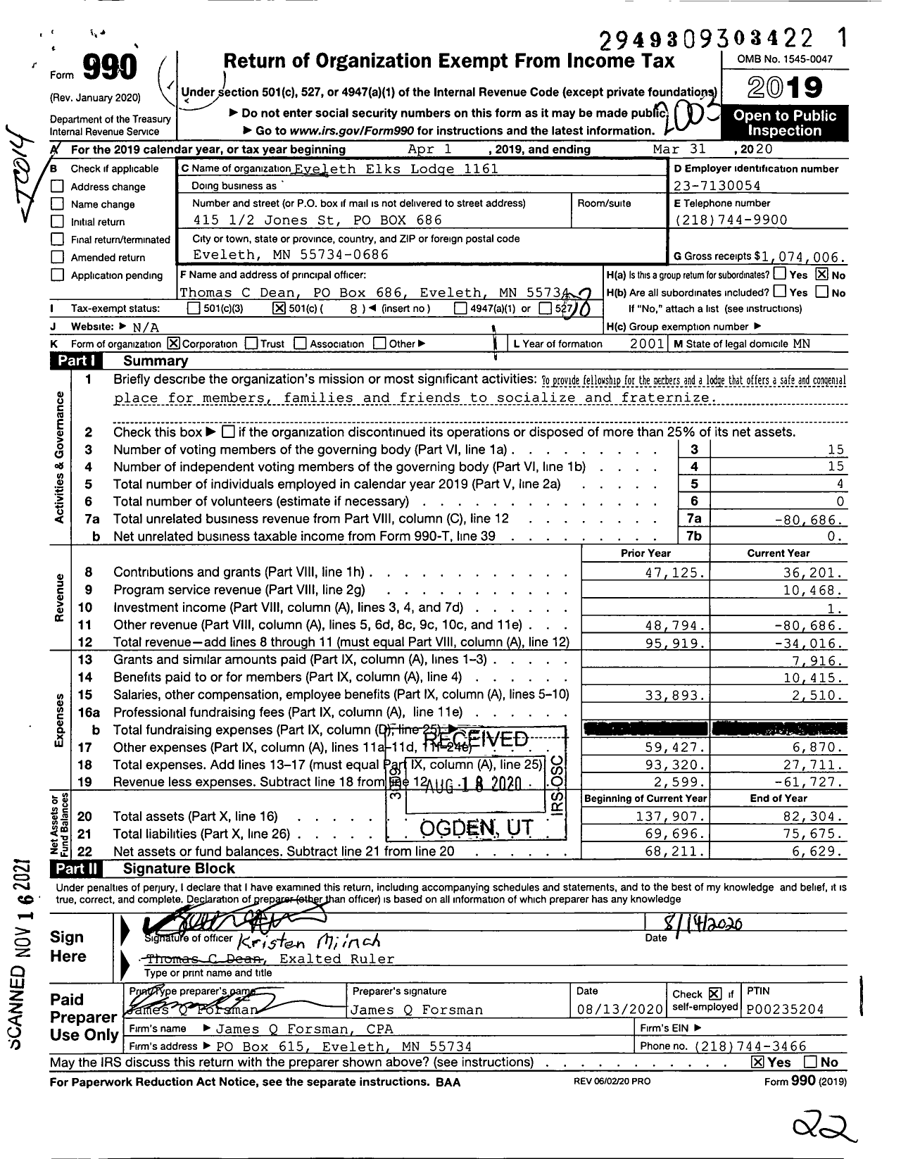 Image of first page of 2019 Form 990O for Benevolent and Protective Order of Elks - 1161 Eveleth