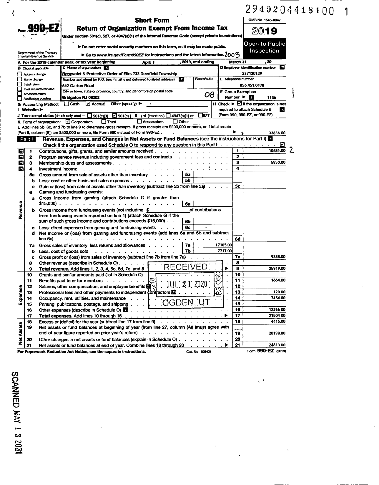 Image of first page of 2019 Form 990EO for Benevolent and Protective Order of Elks - 733 Deerfield Township