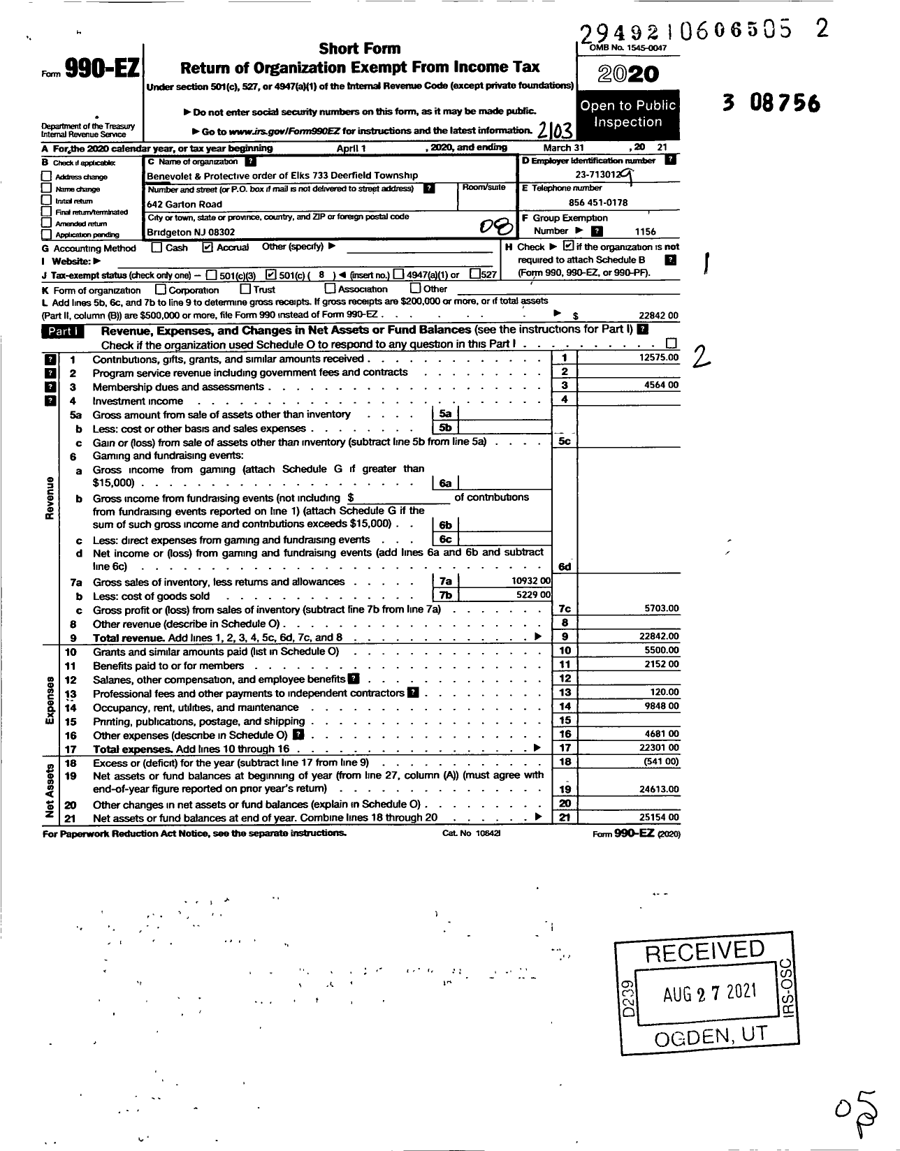 Image of first page of 2020 Form 990EO for Benevolent and Protective Order of Elks - 733 Deerfield Township