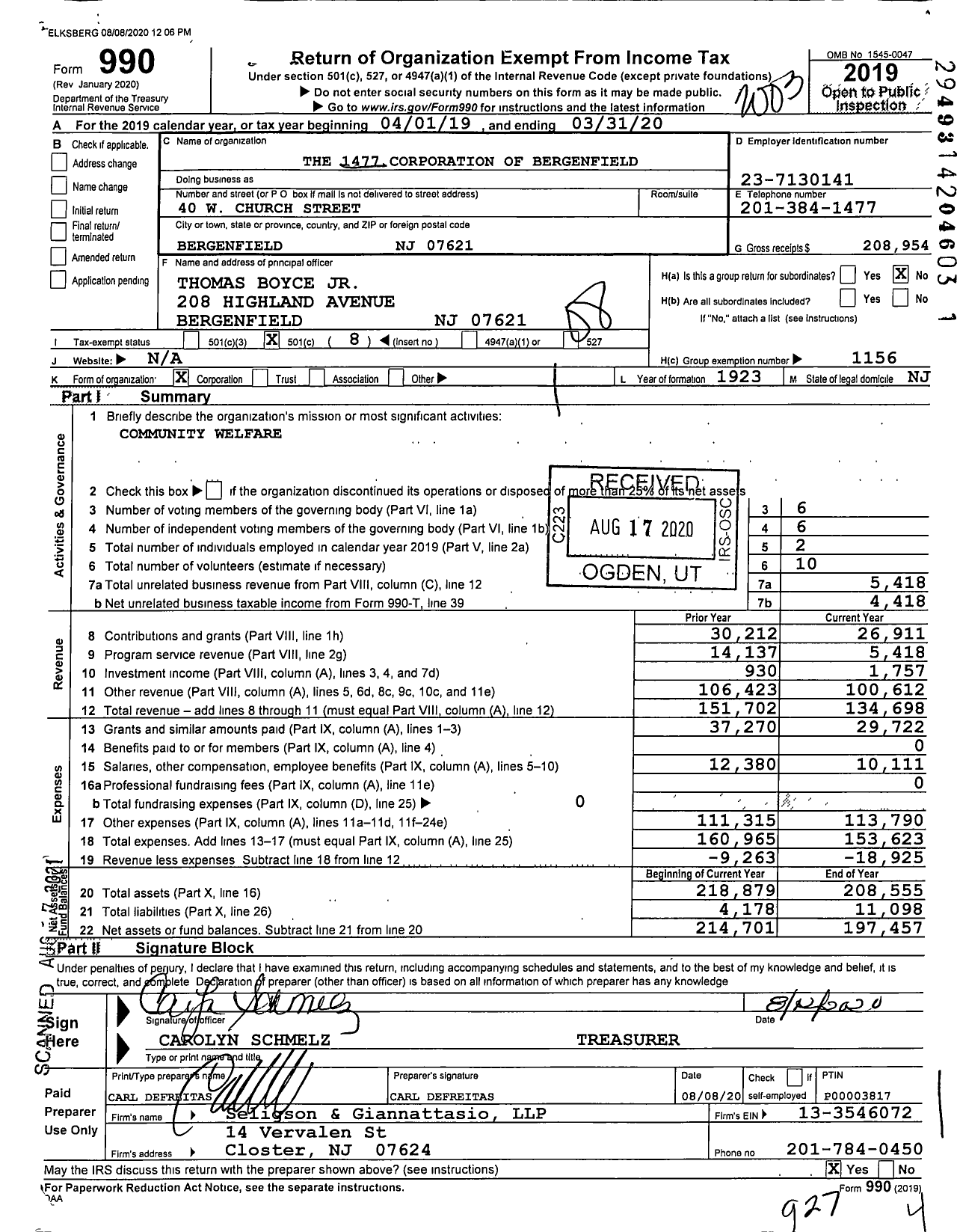 Image of first page of 2019 Form 990O for Benevolent and Protective Order of Elks - 1477 Bergenfield