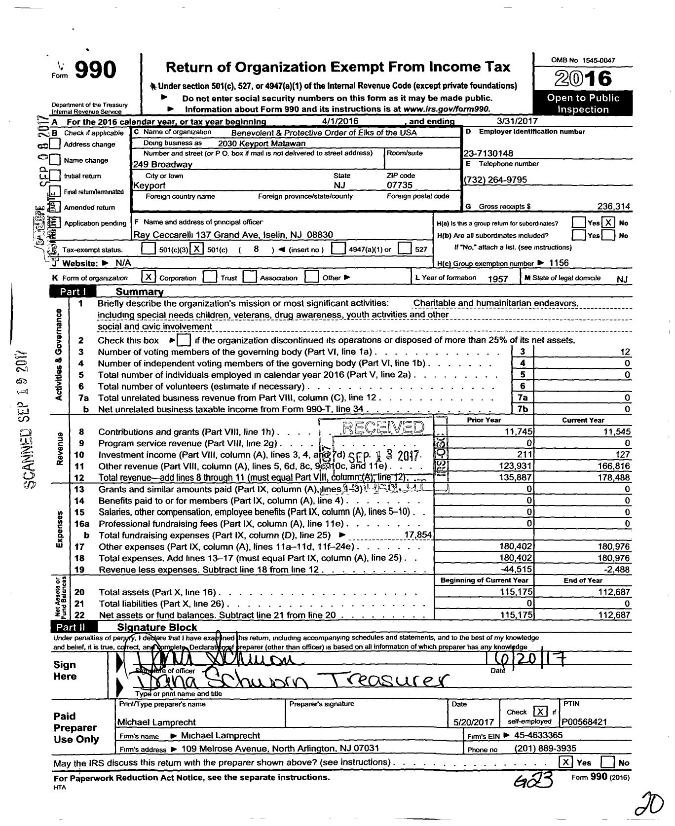 Image of first page of 2016 Form 990O for Benevolent and Protective Order of Elks - 2030 Keyport-Matawan