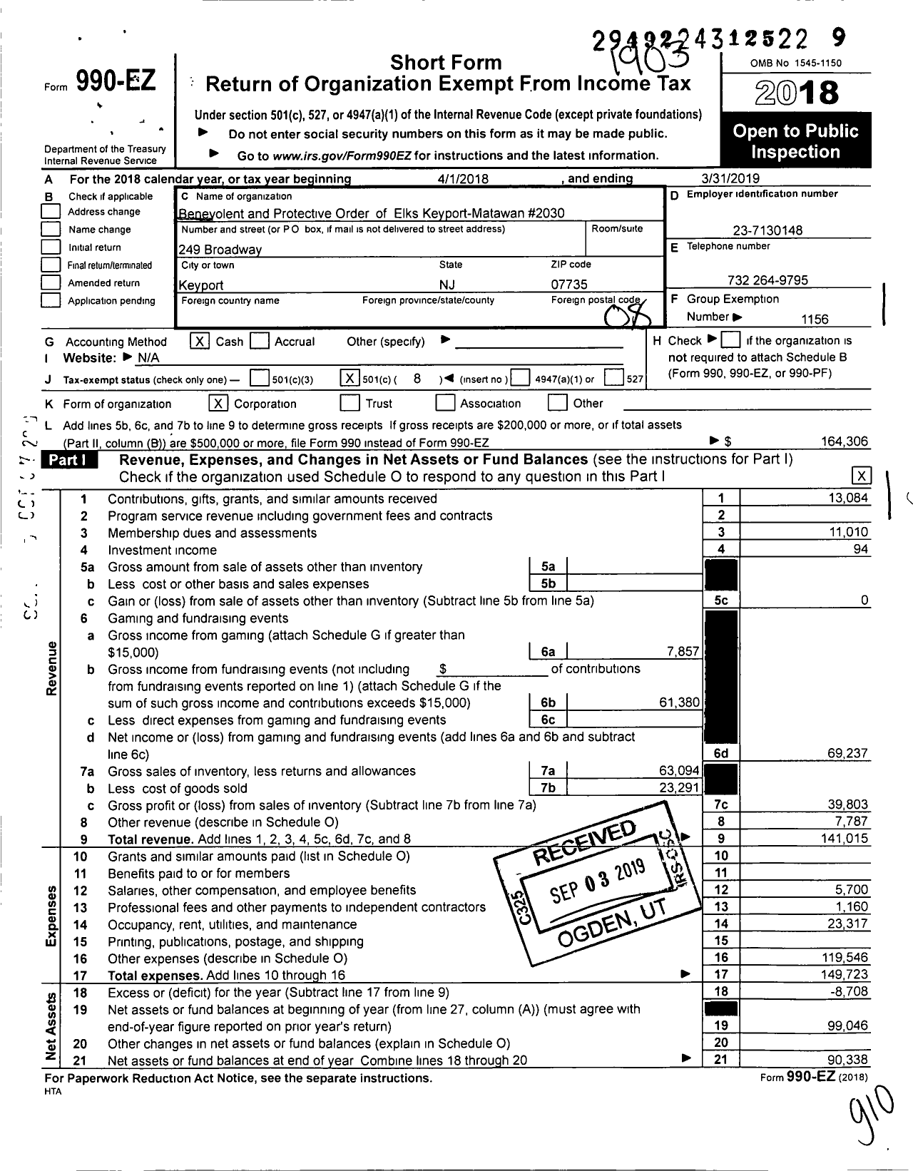 Image of first page of 2018 Form 990EO for Benevolent and Protective Order of Elks - 2030 Keyport-Matawan