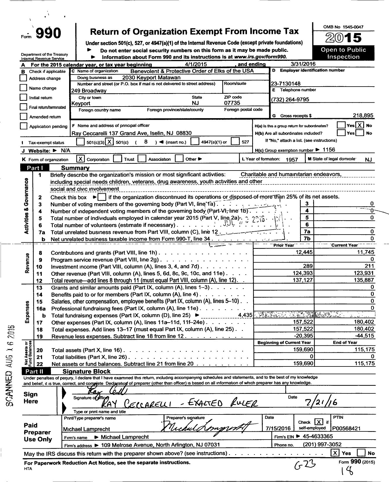 Image of first page of 2015 Form 990O for Benevolent and Protective Order of Elks - 2030 Keyport-Matawan