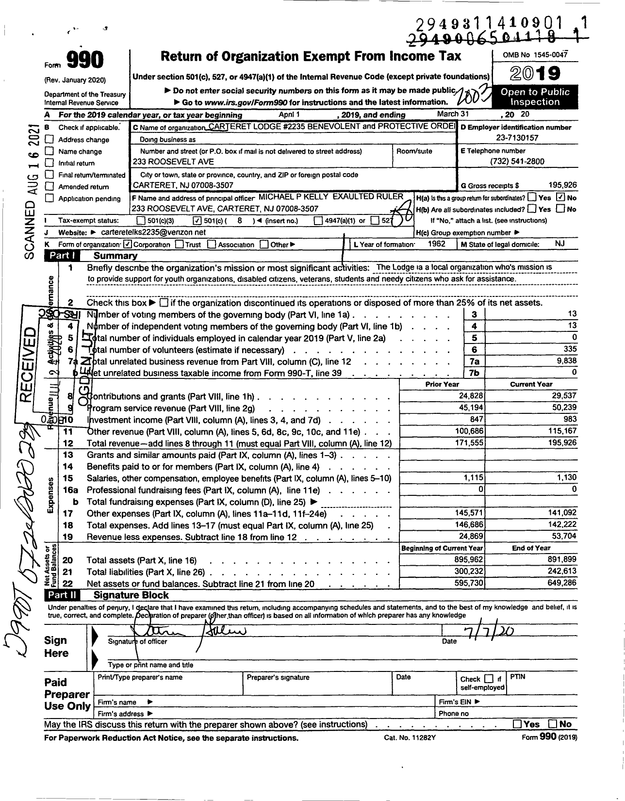 Image of first page of 2019 Form 990O for Benevolent and Protective Order of Elks - 2235 Carteret