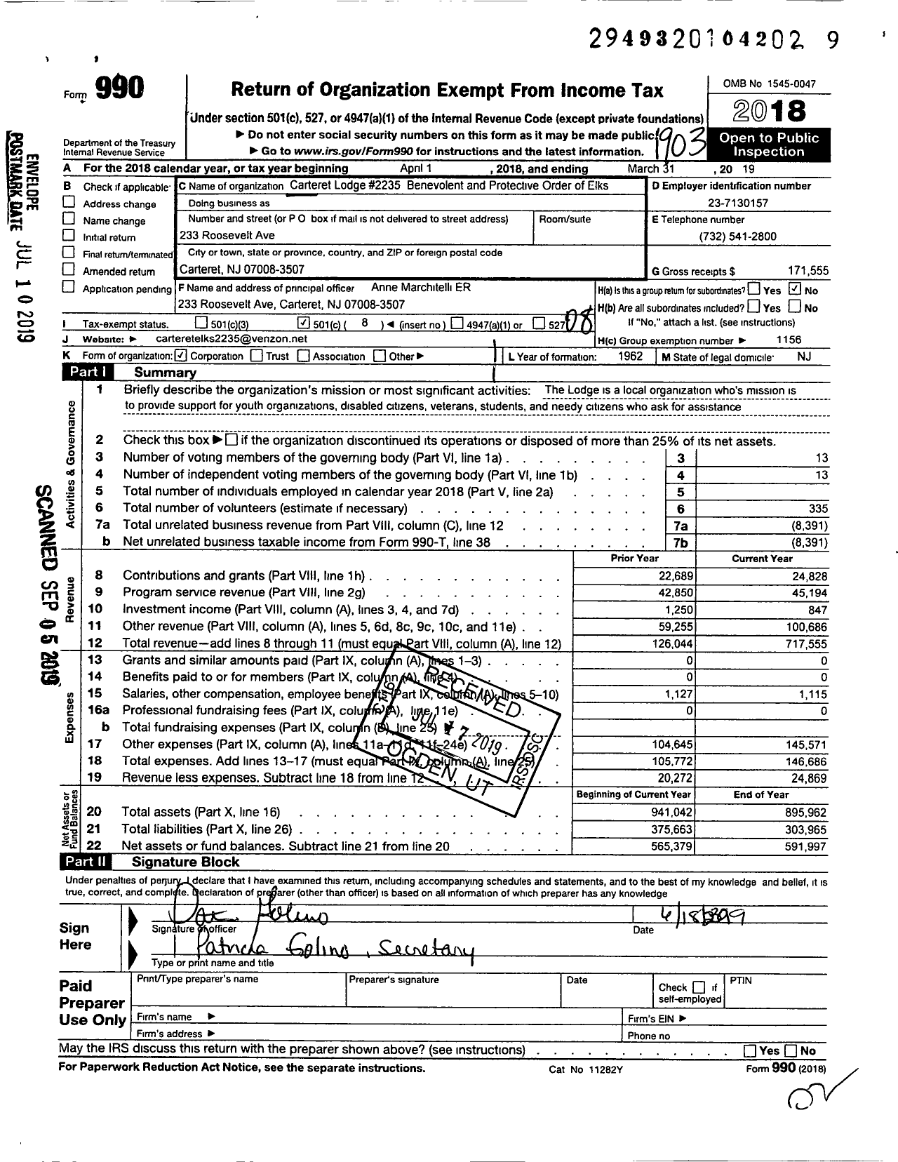 Image of first page of 2018 Form 990EO for Benevolent and Protective Order of Elks - 2235 Carteret