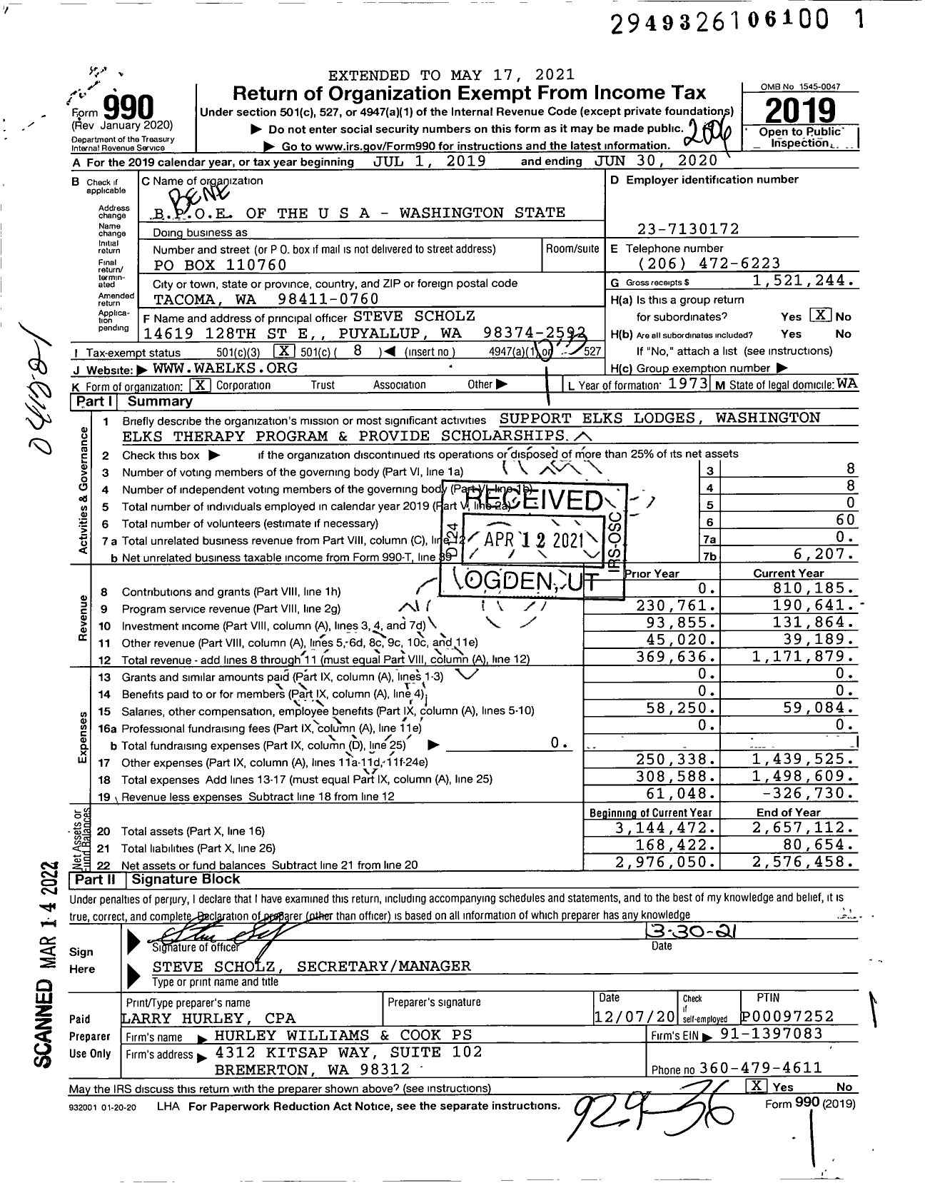 Image of first page of 2019 Form 990 for Benevolent and Protective Order of Elks - Washington State Assn