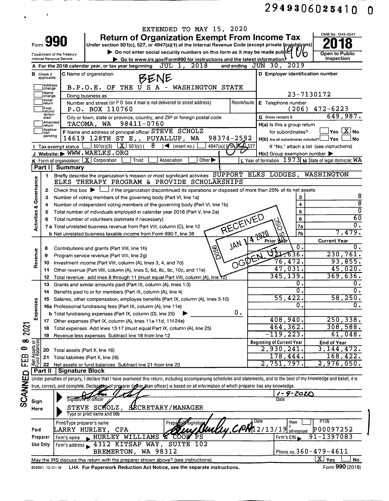 Image of first page of 2018 Form 990O for Benevolent and Protective Order of Elks - Washington State Assn