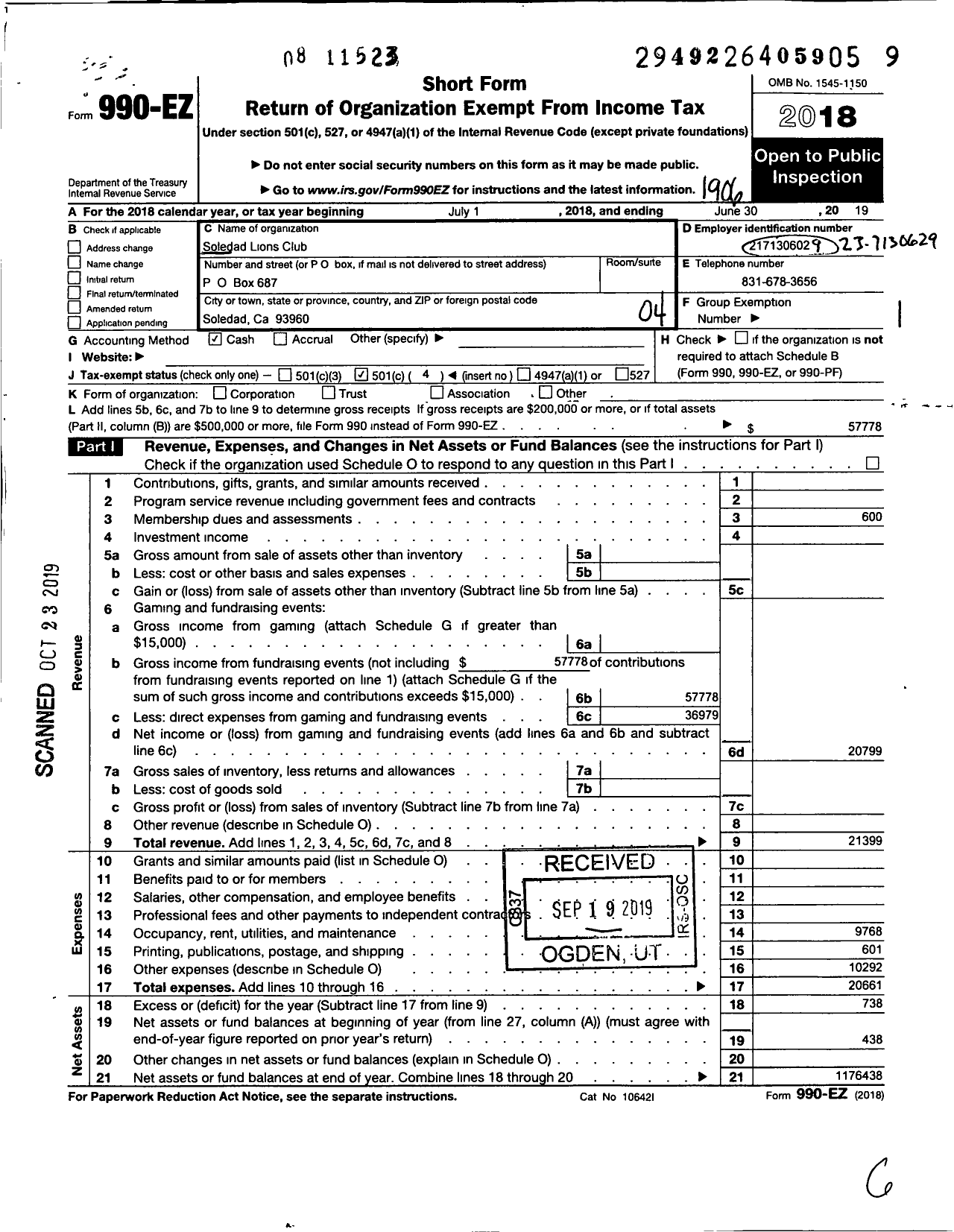 Image of first page of 2018 Form 990EO for Lions Clubs - 2243 Soledad