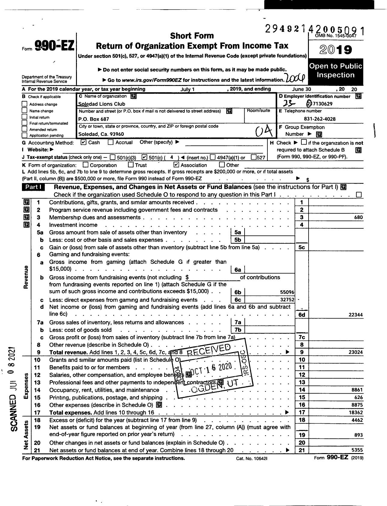 Image of first page of 2019 Form 990EO for Lions Clubs - 2243 Soledad