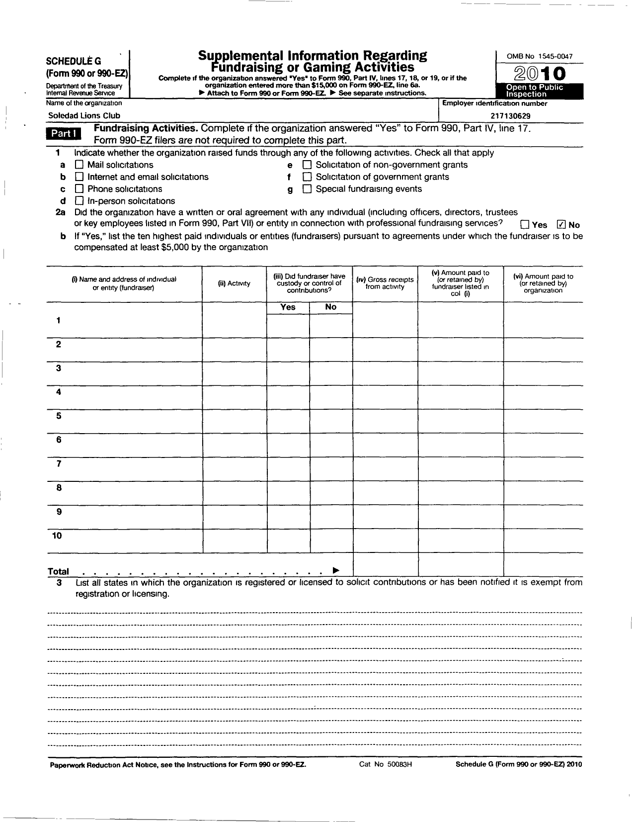 Image of first page of 2010 Form 990EOR for Lions Clubs - 2243 Soledad