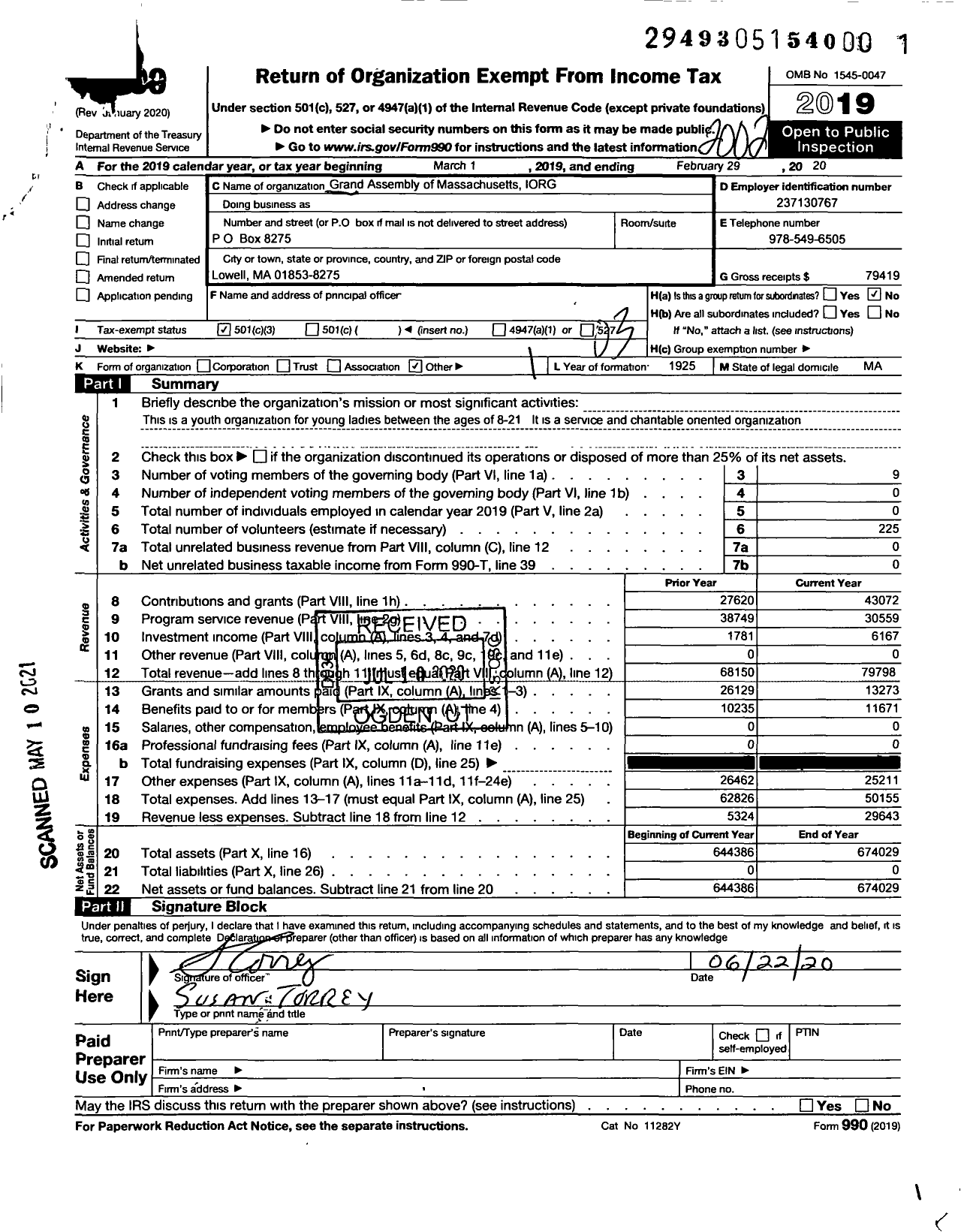 Image of first page of 2019 Form 990 for International Order of the Rainbow Girls - Massachusetts Grand Asmbl