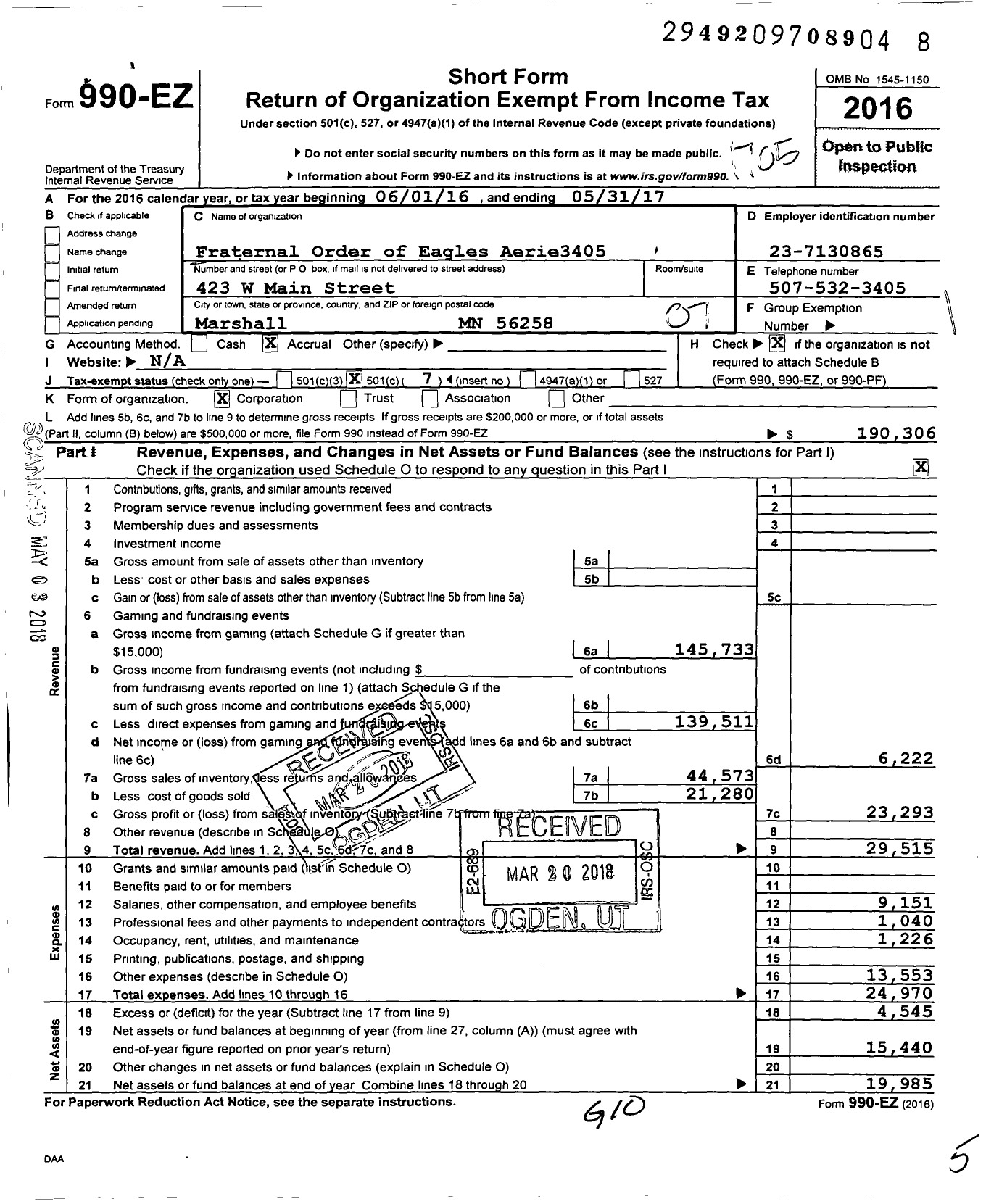 Image of first page of 2016 Form 990EO for Fraternal Order of Eagles Aerie 3405