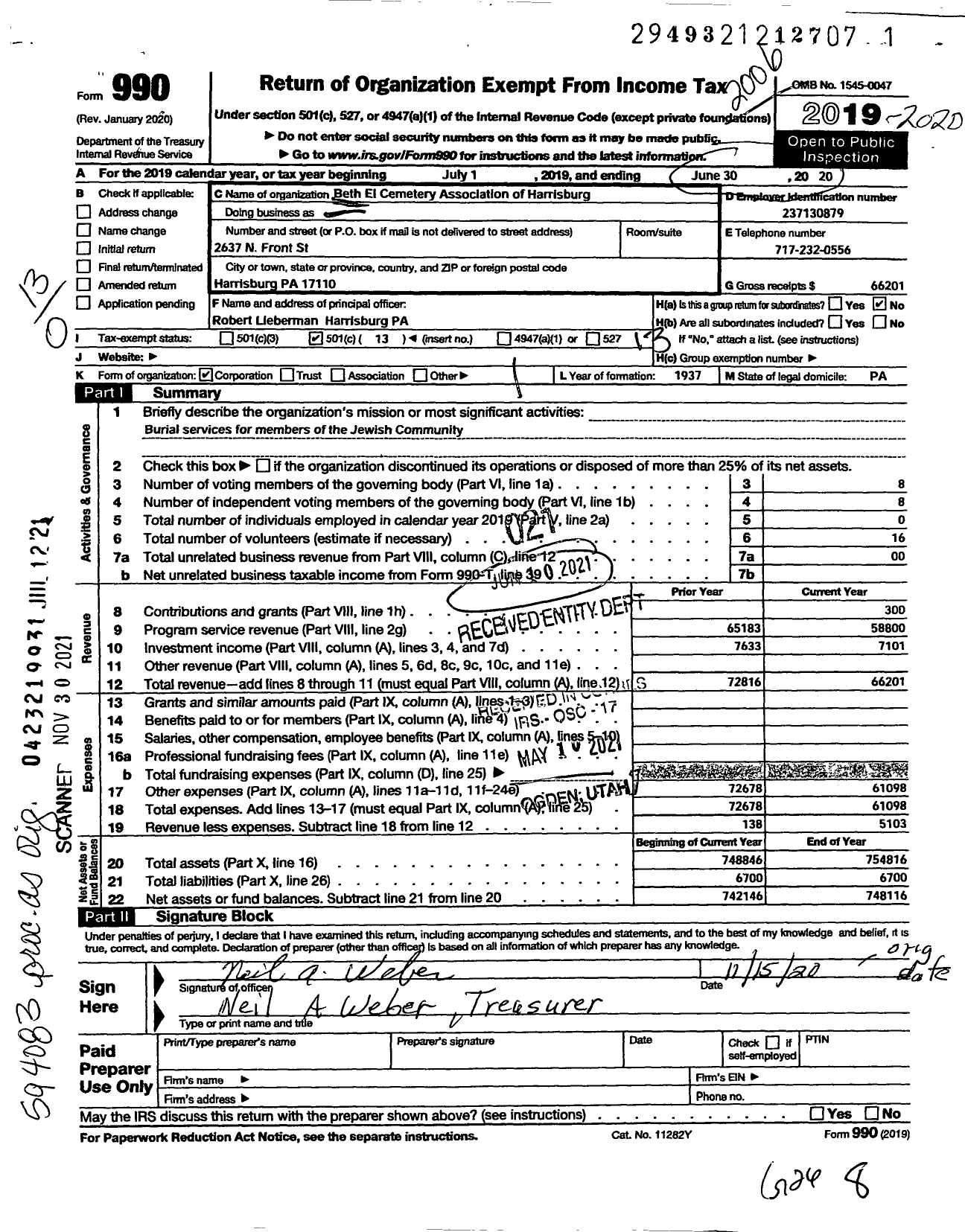 Image of first page of 2019 Form 990O for Beth El Cemetery Association of Harrisburg