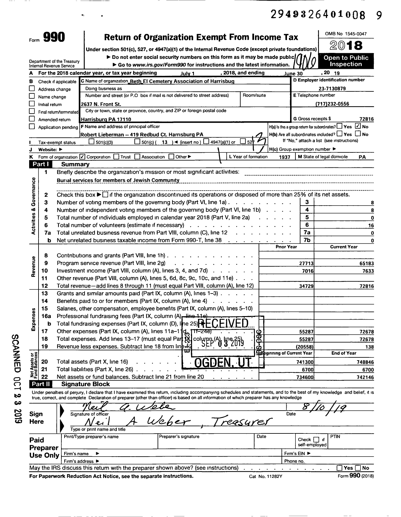 Image of first page of 2018 Form 990O for Beth El Cemetery Association of Harrisburg