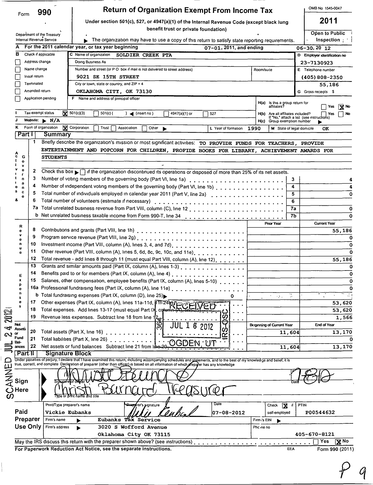 Image of first page of 2011 Form 990 for PTA Oklahoma Congress / Soldier Creek