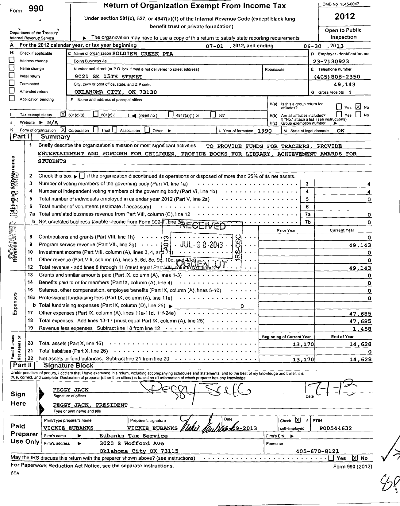 Image of first page of 2012 Form 990 for PTA Oklahoma Congress / Soldier Creek