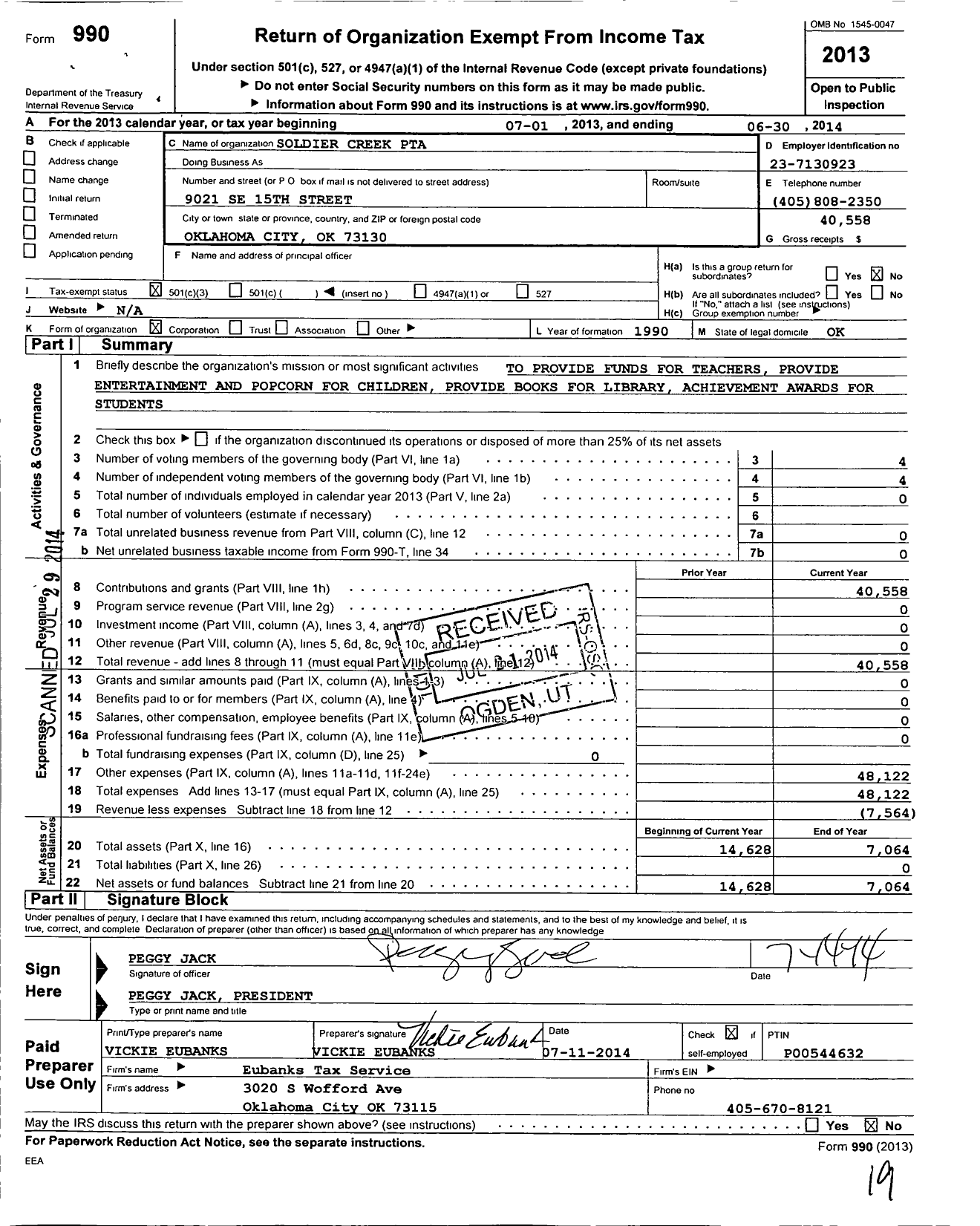 Image of first page of 2013 Form 990 for PTA Oklahoma Congress / Soldier Creek